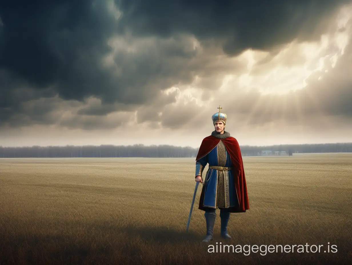 mega realistic epic Dmitry Donskoy stands on an empty field, 14th century, Rus, atmosphere of Russia, picture like in a history textbook, vivid picture, 16K HDR, well-drawn