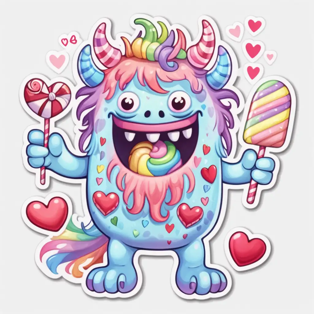 whimsical, cartoon, fairytale,pastel,cute valentine monster, rainbow monster,with valentines candy, hearts.sticker, white background