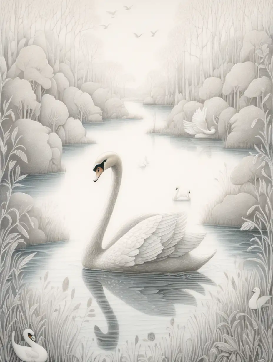 story book, cute, whimsical, jon mcnaught, silverpoint, feathery all white swan, isolated on a solid white background