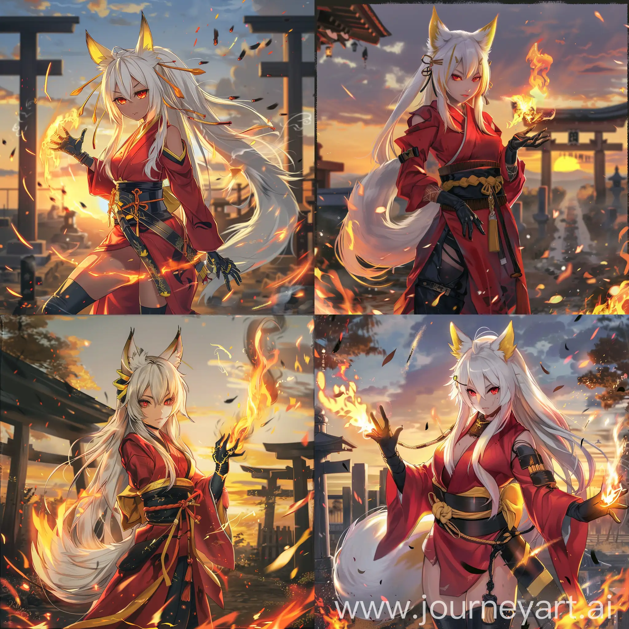 anime-style, full body, athletic, beautiful, tan skin, asian woman, long white hair with yellow highlights, white fox ears with yellow tips, white fox tail with yellow tip attached to her waist, fiery red eyes, wearing a red kimono, black hakama, black sash, long black gloves, black leather boots, casting fire magic, hands wrapped in fire,  good anatomy, dynamic, embers falling in foreground, shinto shrine, sunset