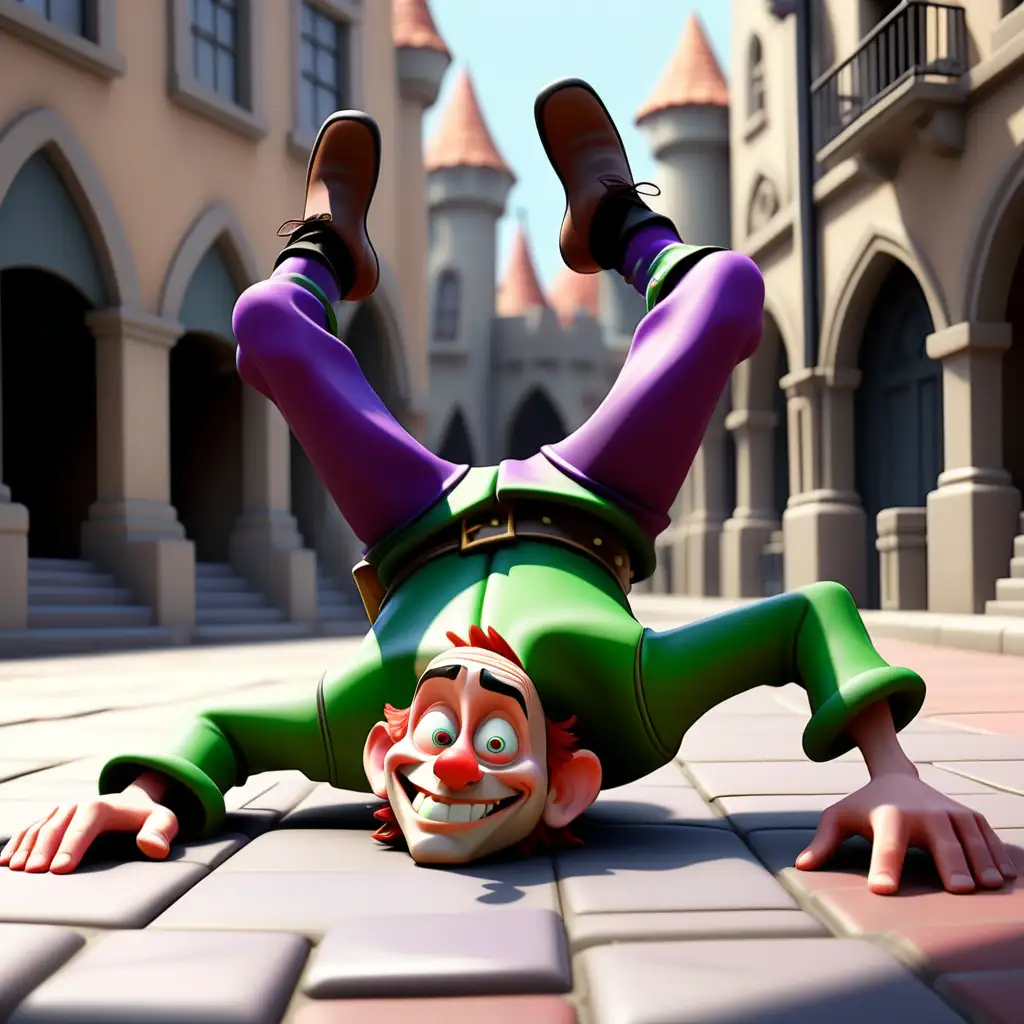 The jester fall down with head down to the ground. The police arrested him.  Disney Pixar Style.