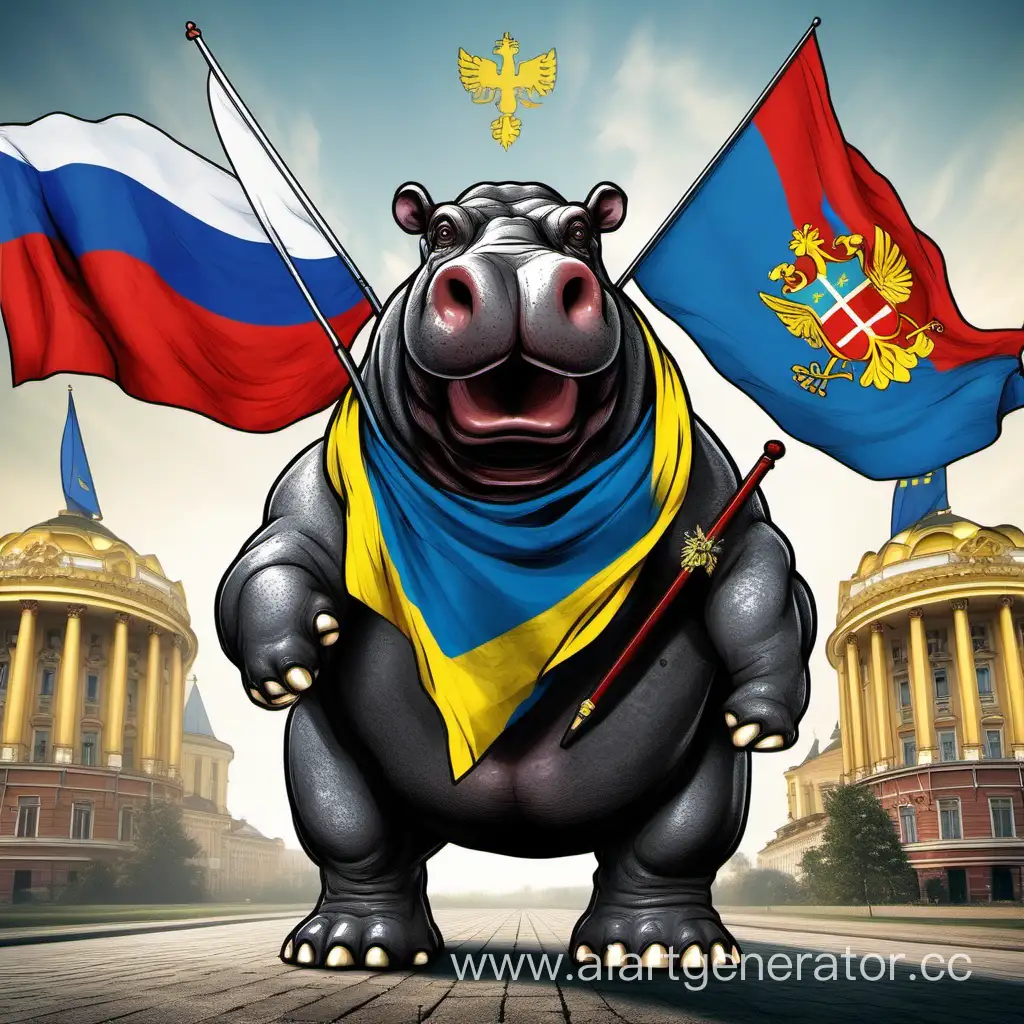 Russian-Symbolism-Hippopotamus-Defends-Russia-Against-Ukrainian-Flags