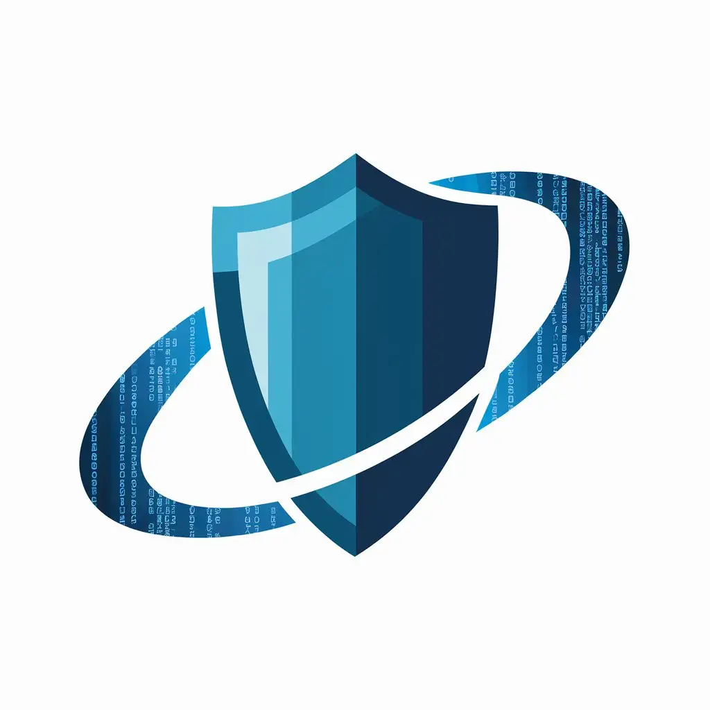 make a logo for cybersecurity company the logo should be an elongated shield of dark blue color, with an ellipse running around it, which should look like a blue matrix code
