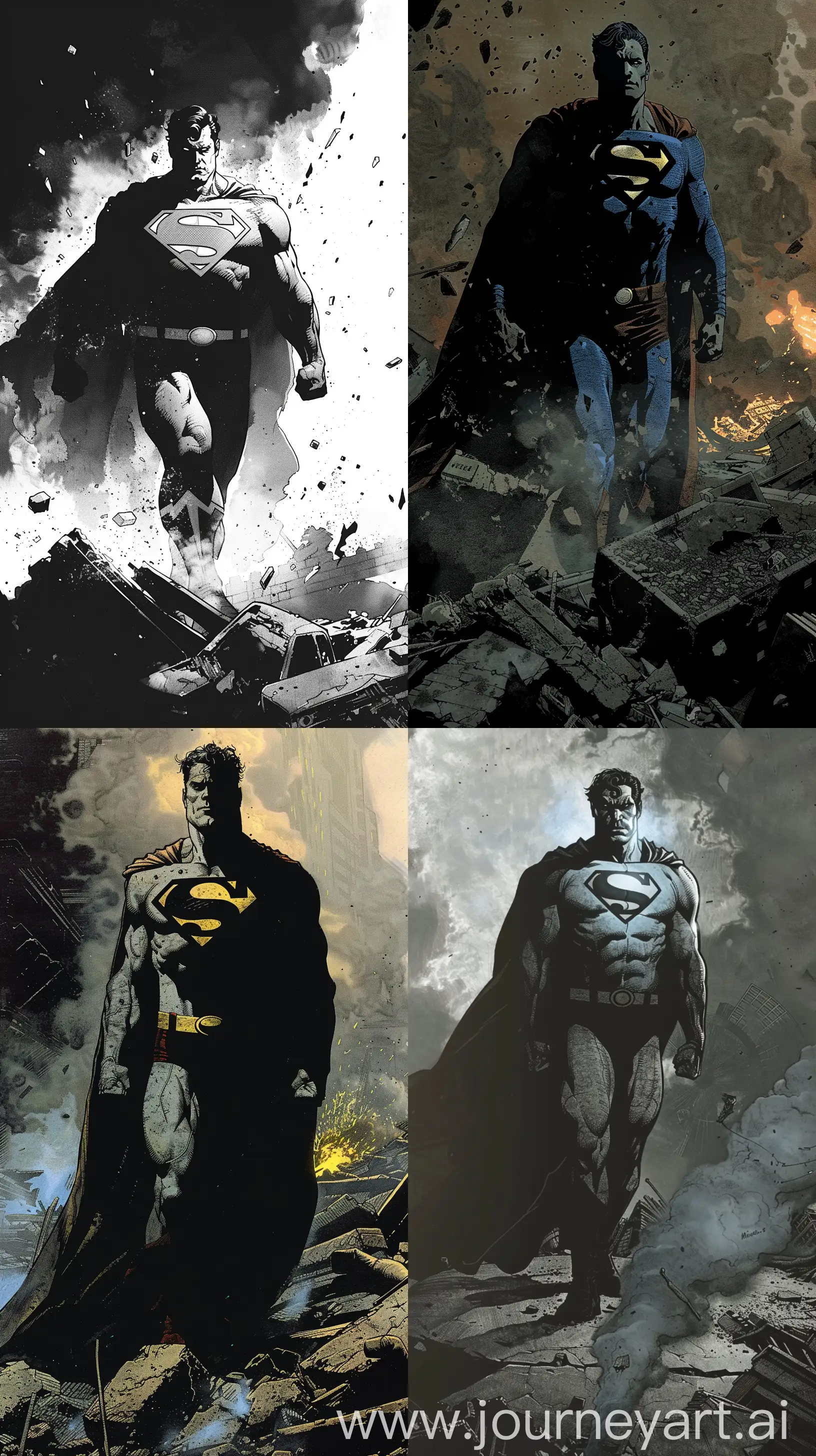 Imagine Superman as interpreted by Mike Mignola, standing heroically amidst the ruins of Metropolis. The scene is cast in deep shadow, with only the emblem on his chest catching the faint glow of a distant fire. His cape billows in a smoky wind, and his eyes shine with a determined light, ready to take flight and restore hope to the city --ar 9:16 --v 6