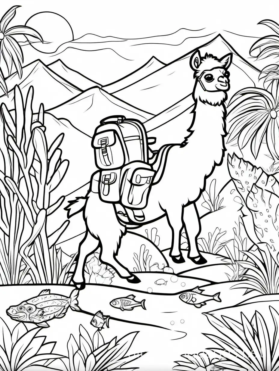 storybook desert and jungle with semi fluffy llama with backpack Dancing with monkey and swimming with fish



, Coloring Page, black and white, line art, white background, Simplicity, Ample White Space. The background of the coloring page is plain white to make it easy for young children to color within the lines. The outlines of all the subjects are easy to distinguish, making it simple for kids to color without too much difficulty