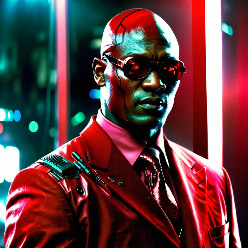 Young Peter Mensah as a cyberpunk mob boss. He wears a fancy red suit. One eye glows red.