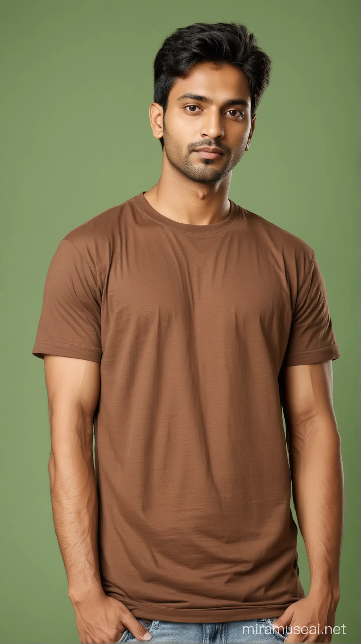 Indian men who is criminal , also hi is look in brown t shirt , green background  