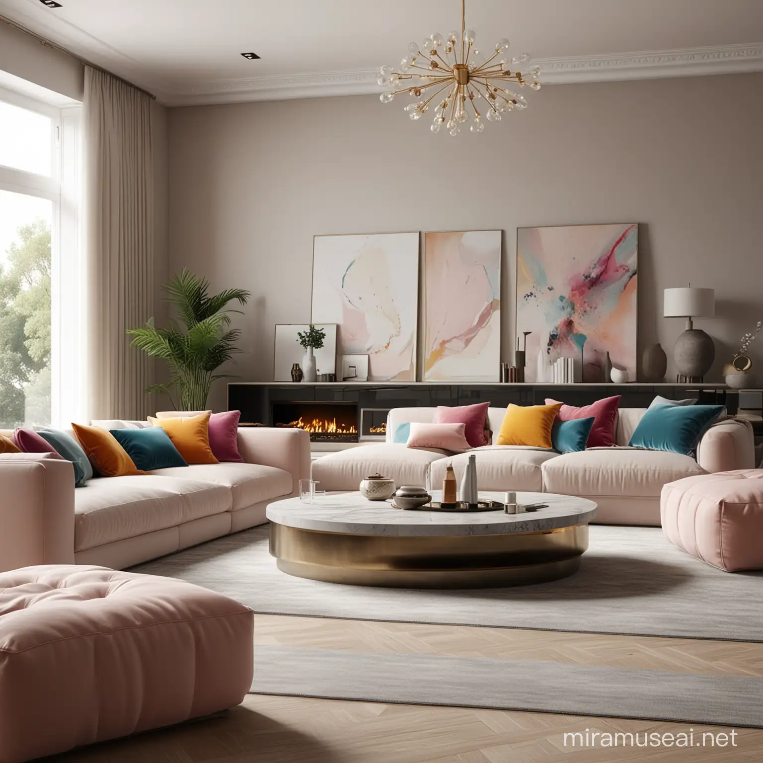 Large luxury modern contemporary living room in neutral colours with pops of colour. Realistic Cannon 8k quality.