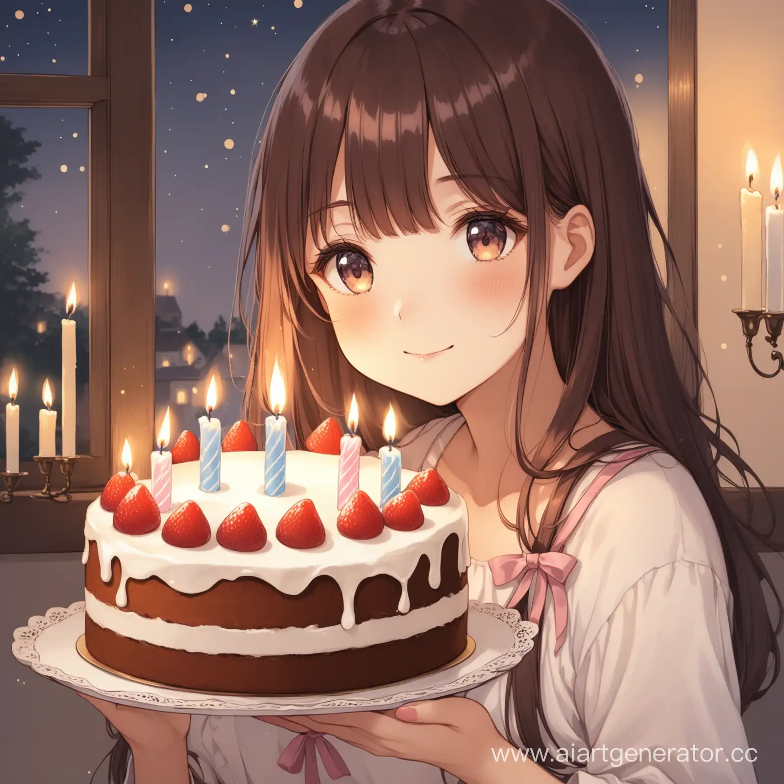 открытка:  девушка держит тортик на котором три горящие свечки