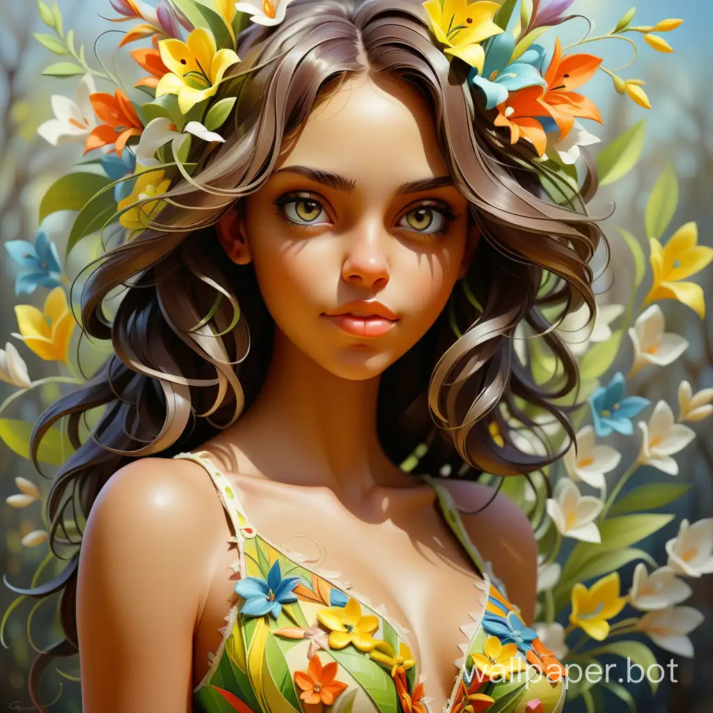 tender beautiful girl-spring, 25 years old, bright Brazilian, in full growth, close-up, dressed, stunning full-color images, canvas, oil, Greg Rutkovsky, sharp focus, studio photo, front view, intricate details, high detailing, clarity