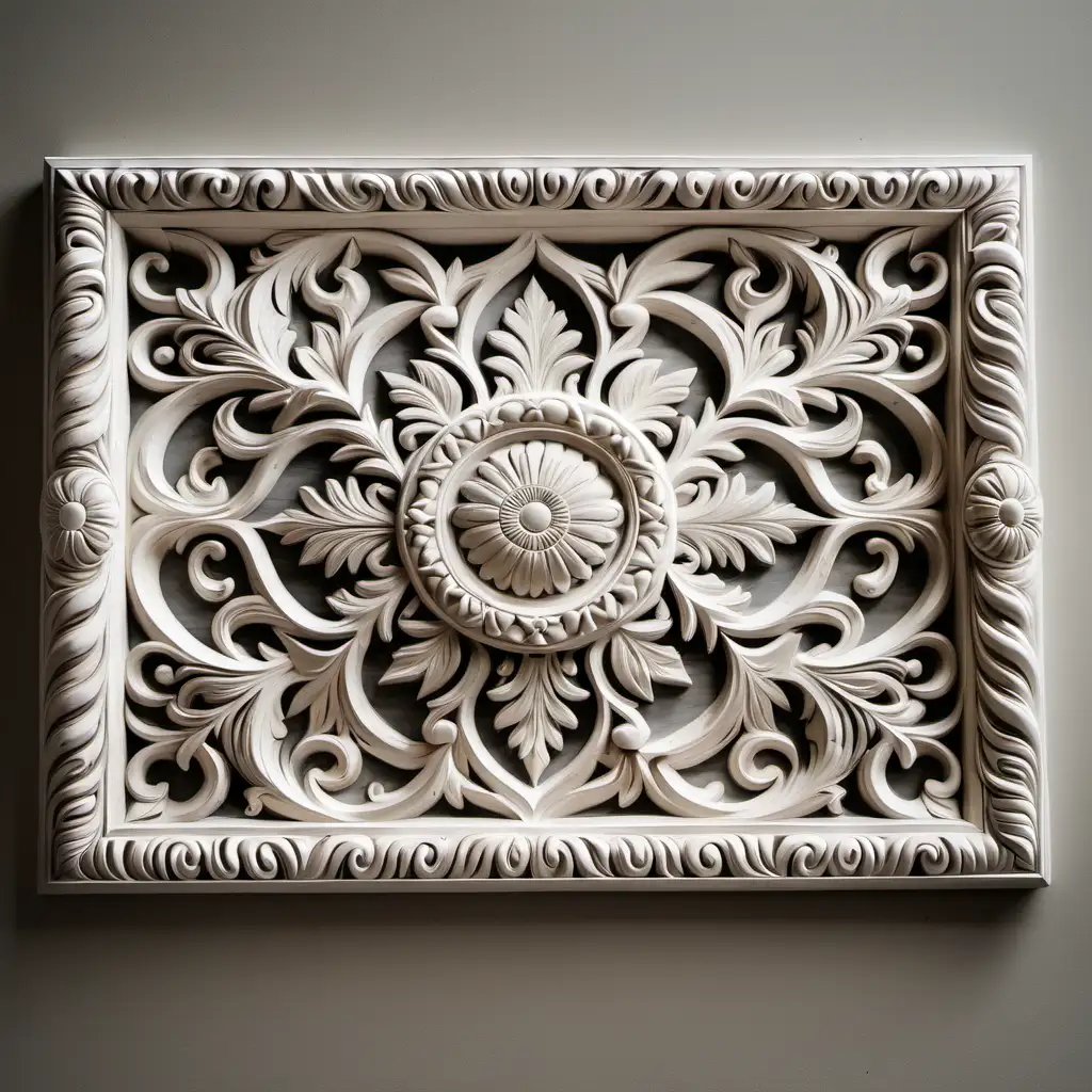 Rectangular Wall Medallion Carving in White Wash Finish