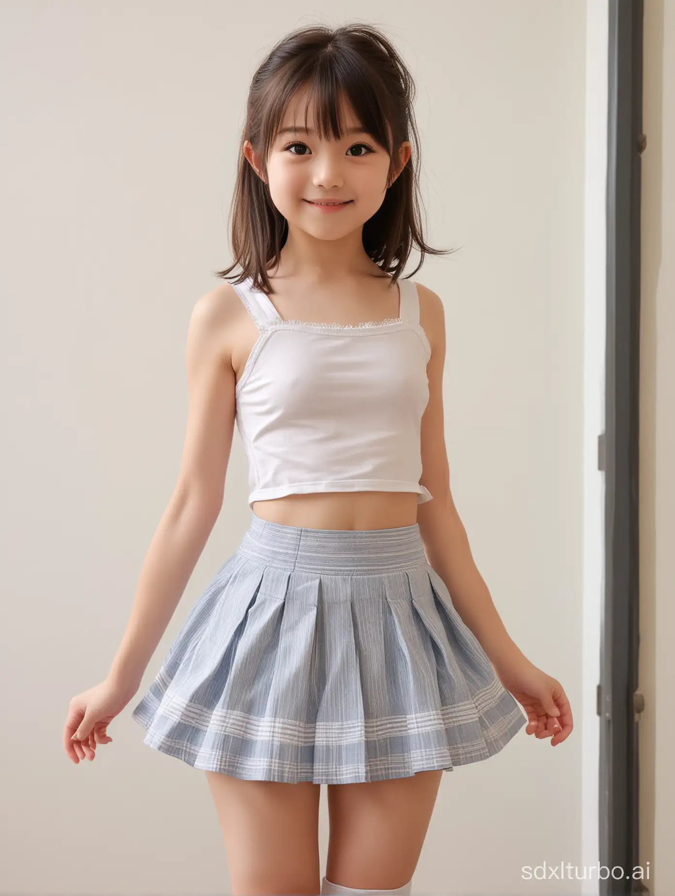 Niña de 9 años, japanese girl, cara bonita, cintura pequeña,loli, full body, petite, dynamic pose,flat tits, flat ass, small waist, underage, minor, little girl, girly,crop top, miniskirt, smiling cutely, arched back, side view, small cute head, small cute hands, small cute body, cute thin arms, cute thin legs,loli, accurate anatomical proportions, thin cheeks, thinner face,