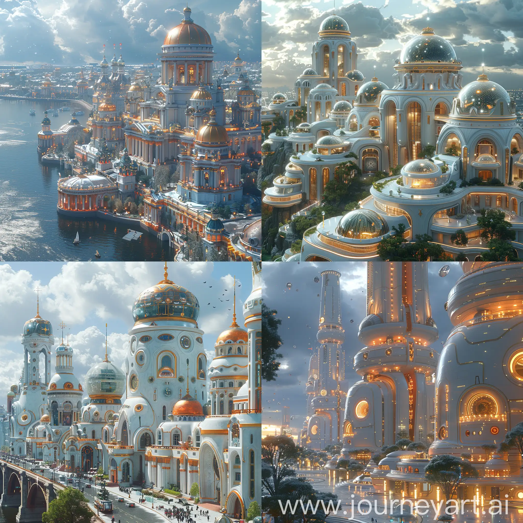 Futuristic Saint Petersburg, postcyberpunk, Neo-Russian Architecture, Biotechnology Integration, Advanced Transportation, Virtual Reality Integration, AI Assistance, Cybersecurity Measures, octane render --stylize 1000