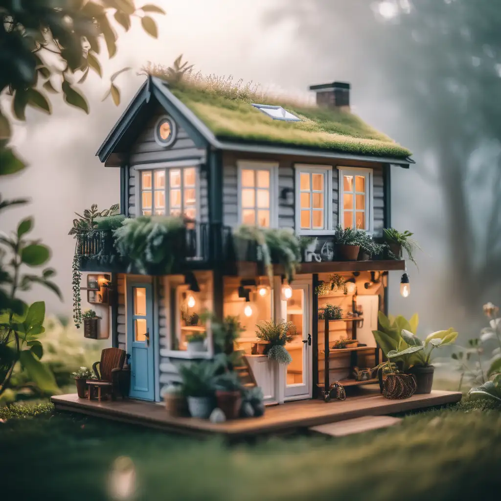 foto di una casa minuscola, con luce soffusa ed atmosfera fantastica, molta vegetazione e piante rampicanti sulla casa leggera nebbia e profondita di campo, sfondo sfocato