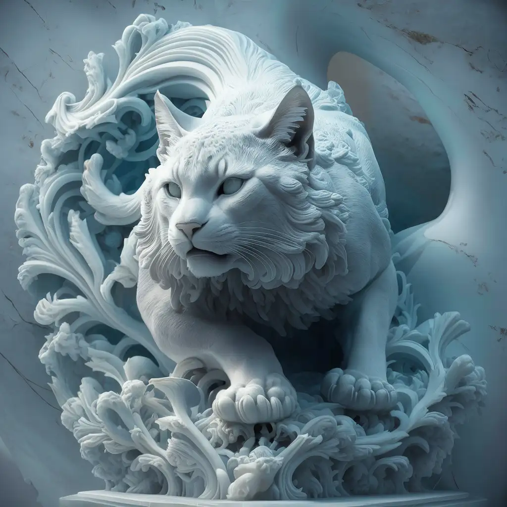 Realistic-Majestic-Feline-Statue-in-Light-Blue-Marble