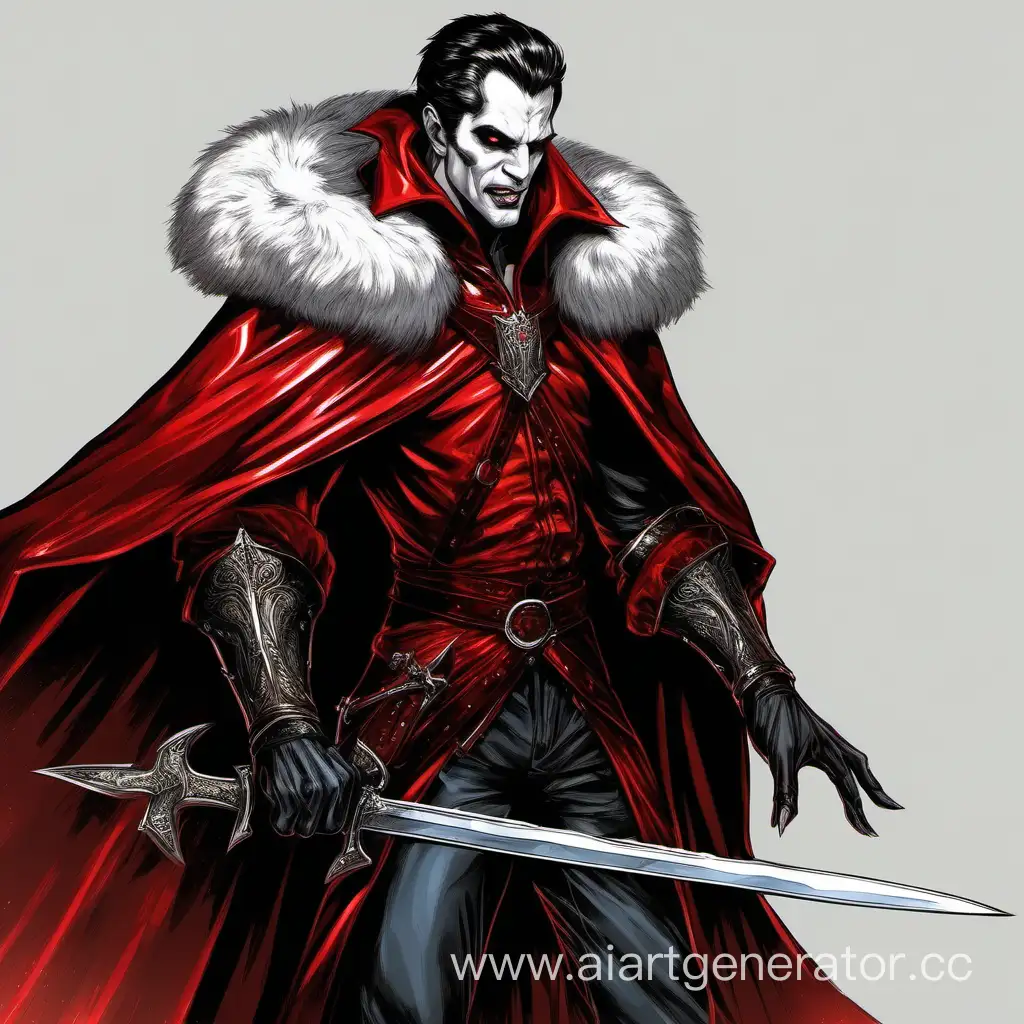 Мужчина Вампир в красном металлическом нагруднике с мантией с мехами и коротким мечем