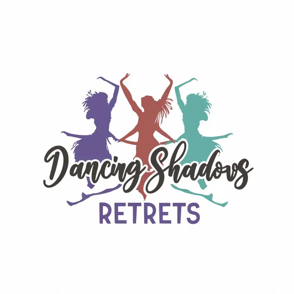 logo, 3 dancing girls silhoutte, with the text "Dancing Shadows Retreats", typography, be used in Nonprofit industry