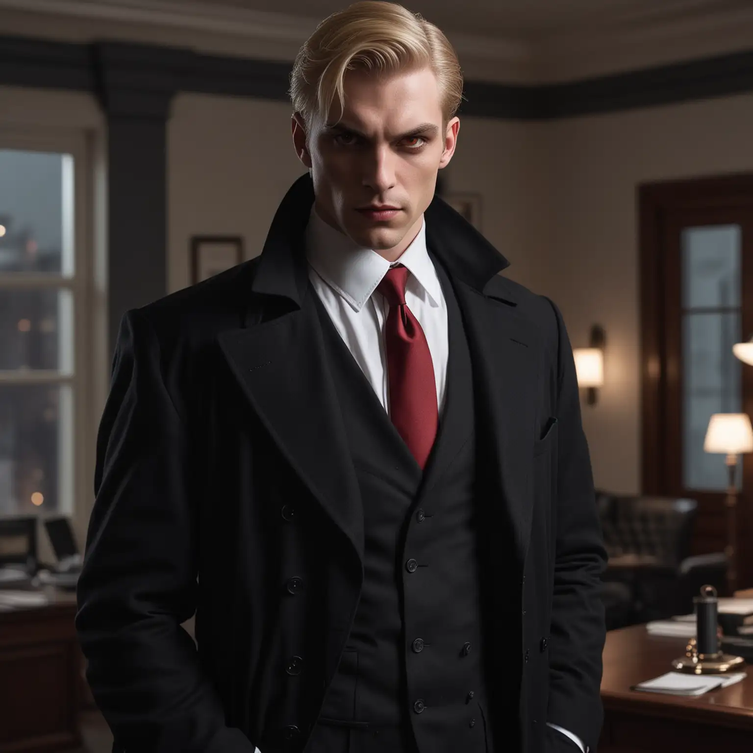 A male Tremere vampire, private investigator, glowing red eyes, wearing a 1930s black suit, white dress shirt, deep red necktie, wearing a black greatcoat, pale skin, weak chin, blonde hair, inside a modern private investigator office, at night, full body shot, realistic