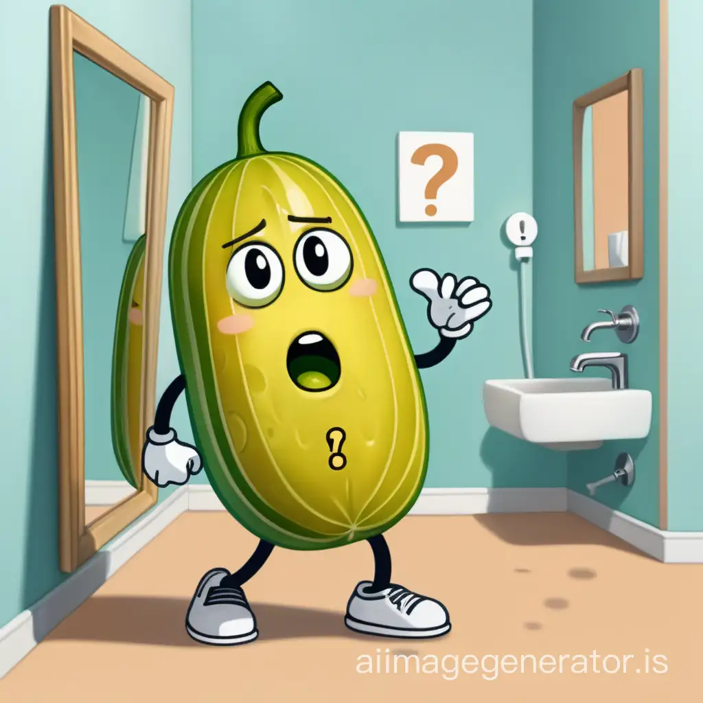 a yellow cucumber with a confused facial expression wearing a t-shirt with a question mark on it is looking in the mirror