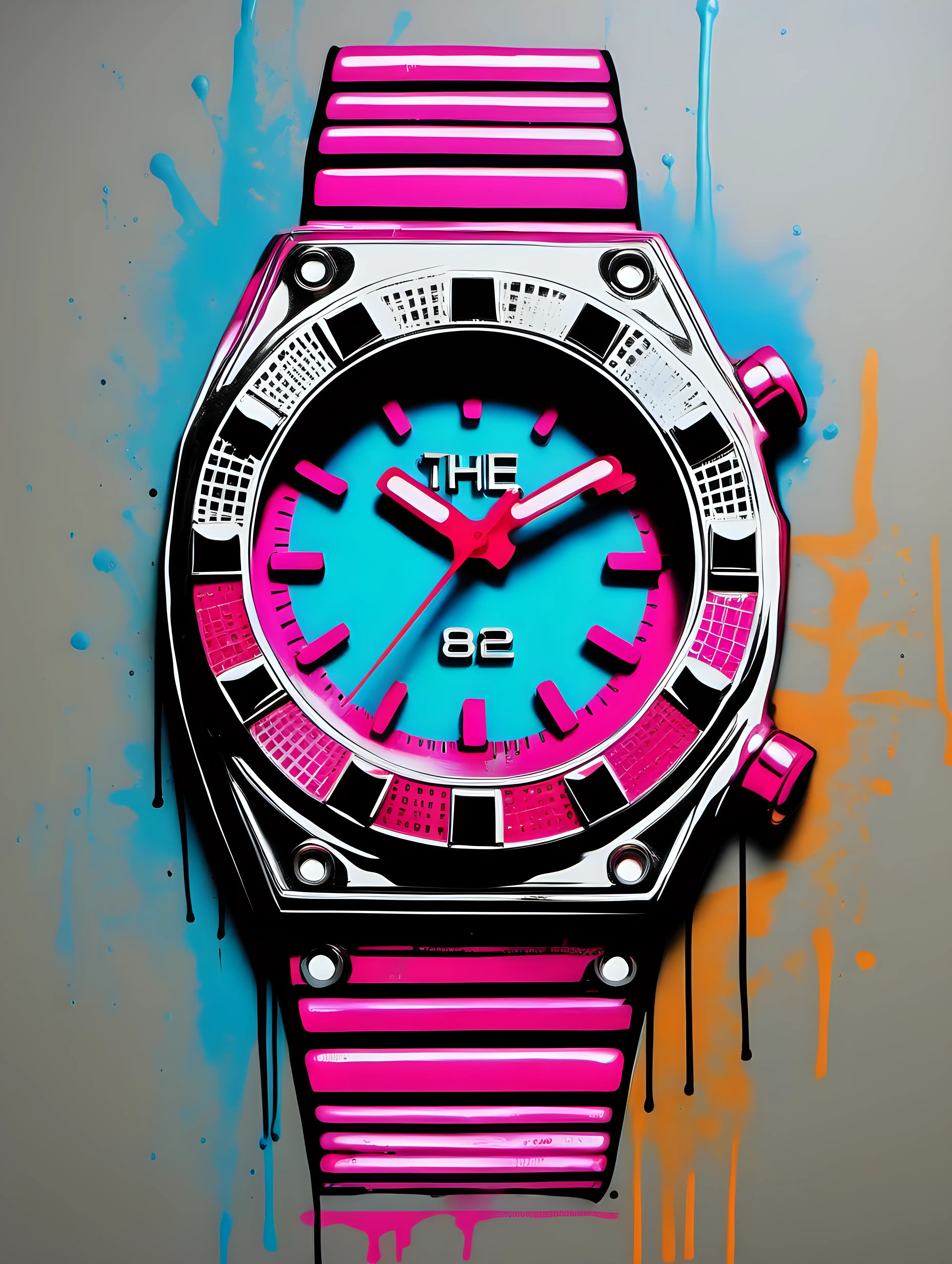 Create a highly detailed spray paint artwork featuring a classic digital watch from the 1980s. The watch should be central in the composition and exhibit characteristics typical of 1980s technology and style. It should have a rectangular face with a clear digital display, showing time in a typical LCD font. The watchband should be of a solid, retro color like neon or pastel, characteristic of the era. The background should capture the essence of the 80s, perhaps including elements like bright, bold geometric patterns, or iconic 80s symbols. The overall art should have a vibrant, energetic feel, reflecting the fashion and tech trends of the 1980s, with an emphasis on the unique textures and layers. Show the achieved through spray paint. Show the time as 4:20am