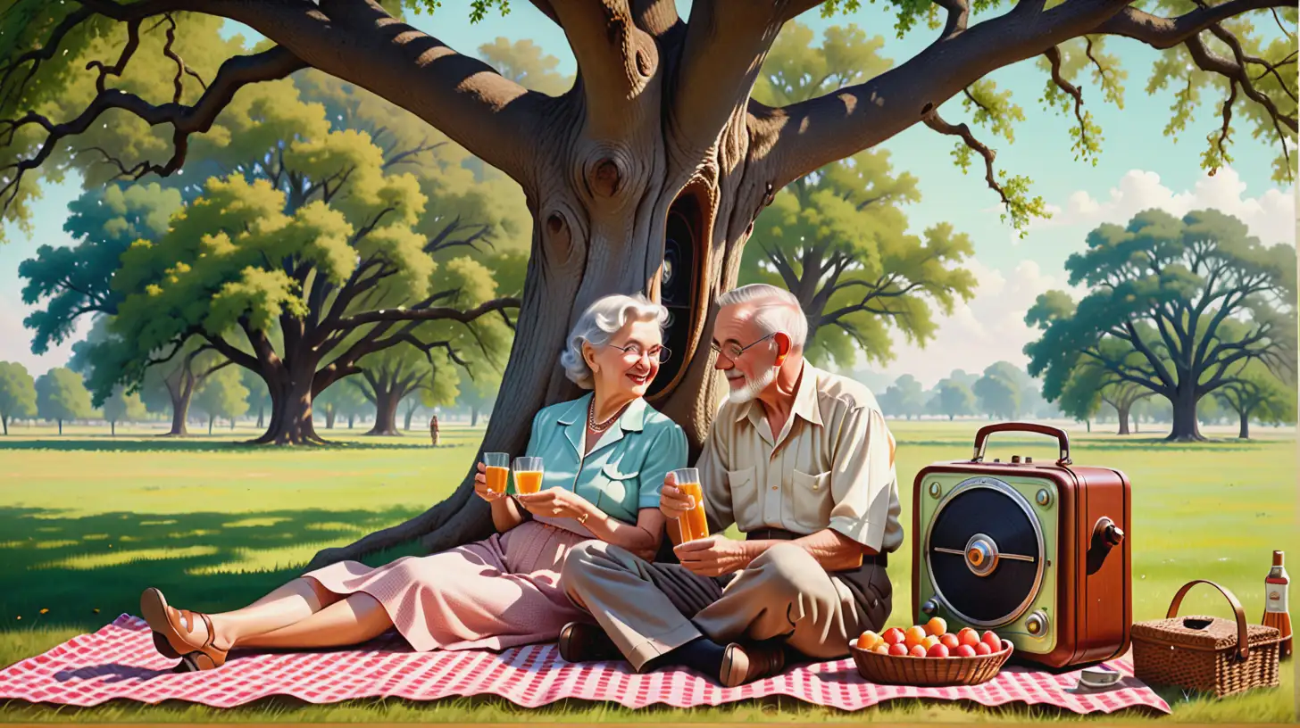 One old man and one old woman, circa 1950, having a picnic under an oak tree, with a vintage old time radio, full color.