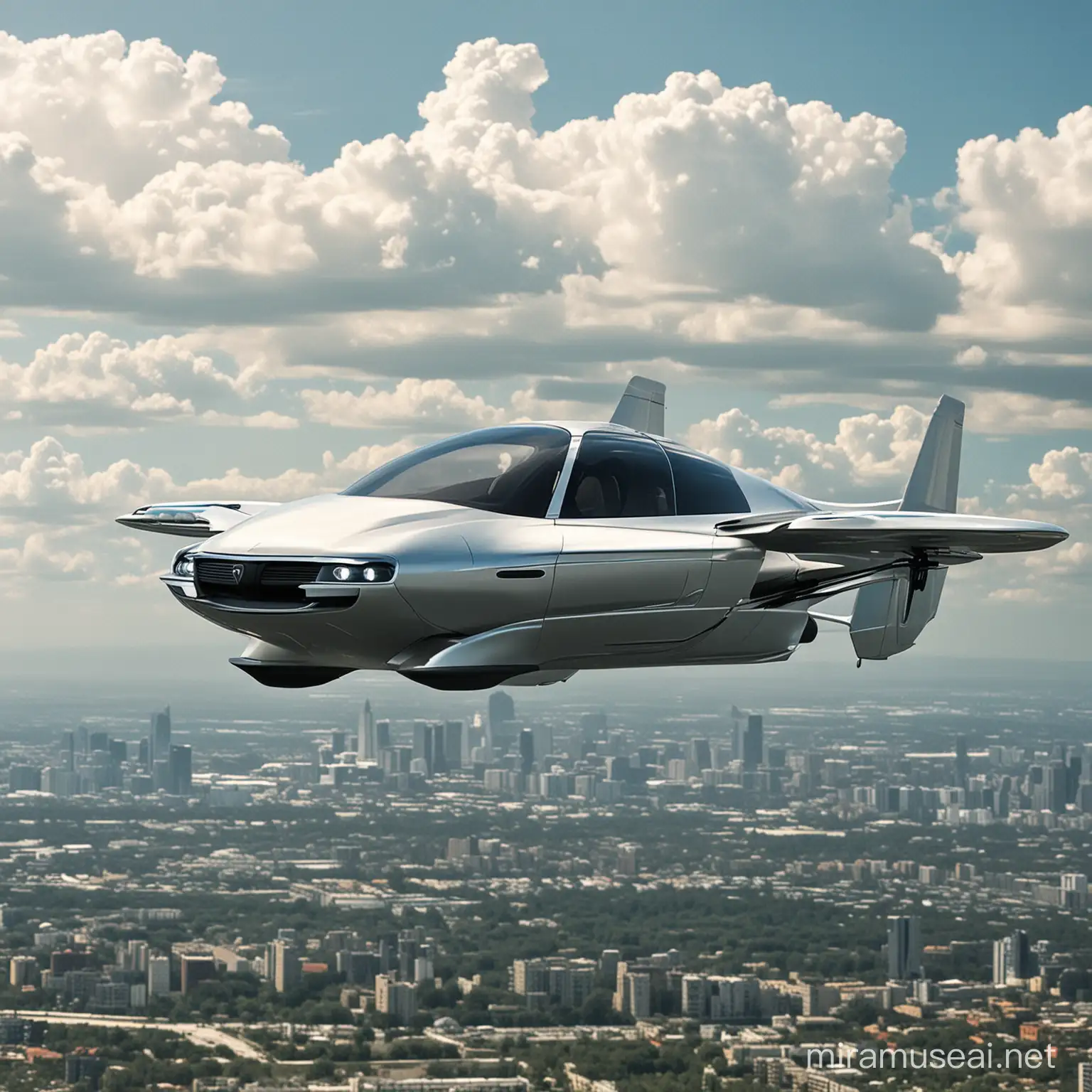 Futuristic Flying Car Soaring Above Urban Skyline