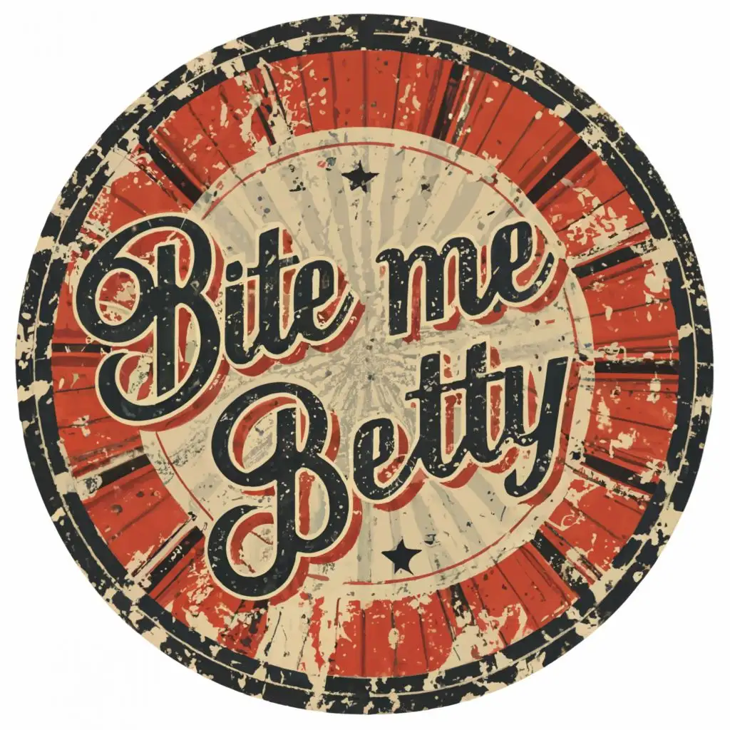 a logo design,with the text "Bite Me Betty", main symbol:Create a vintage looking logo for my rockabilly band callked "Bite Me Betty." The logo should have a 1950s feel, featuring the band name in retro font within a round design. In the center, there should be a drawing of the lead singer, a female with black hair styled in a classic rockabilly fashion, including straight bangs. The drawing should depict her throwing a kiss in a playful manner. The overall vibe should capture the spirit of the 1950s era with a touch of rock and roll flair.
,complex,be used in Entertainment industry,clear background