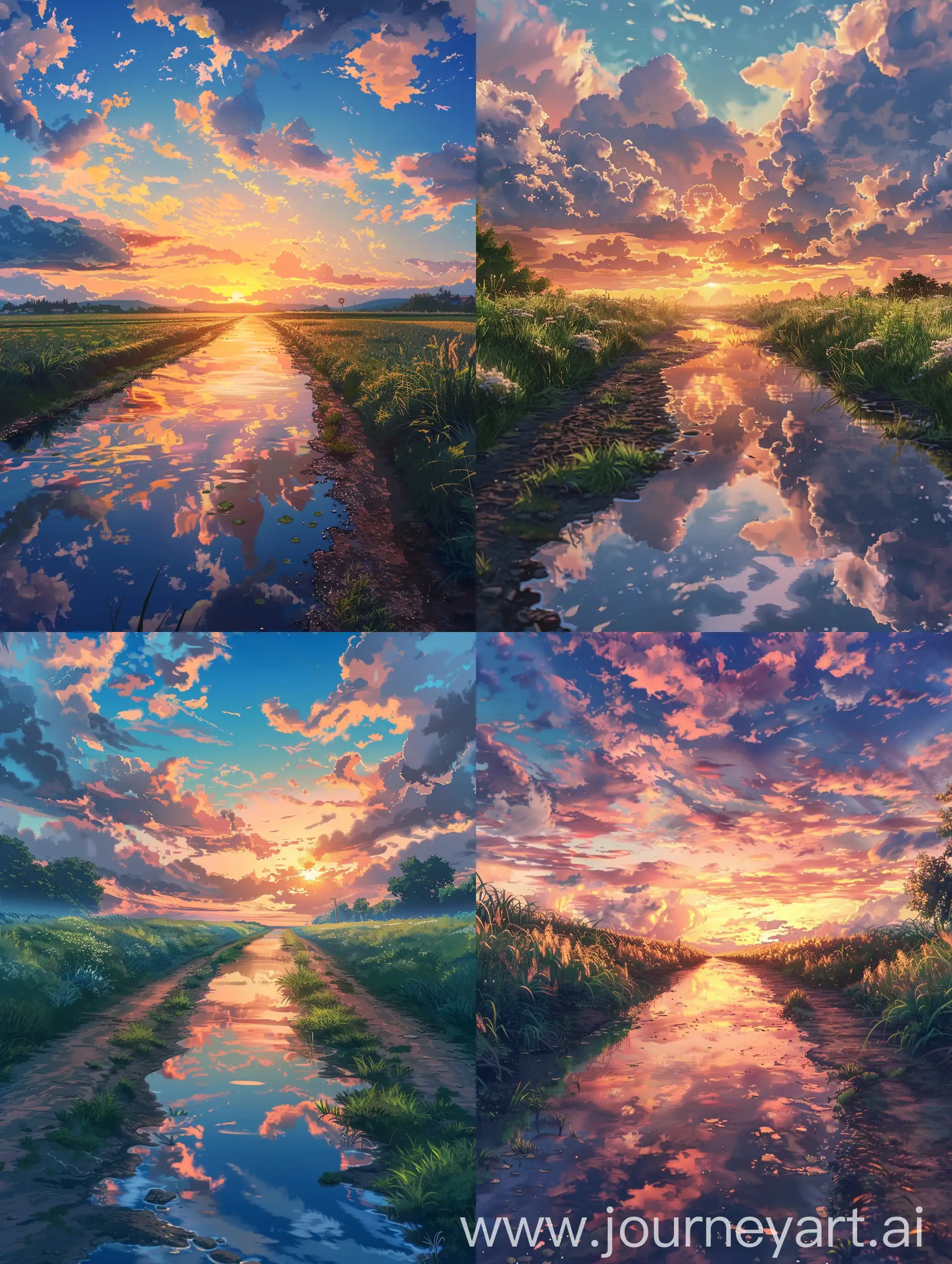 Beautiful anime style,Makato shinkai Style,the final blow down,beautiful,cinematic. (use renderer a anime movie like scene),a beautiful sunset but with an afternoon like view and feel,just a vibe.very few garss,dirt path,a very smal river reflecting the beautiful sky,beuatiful fluufy sky,summers.