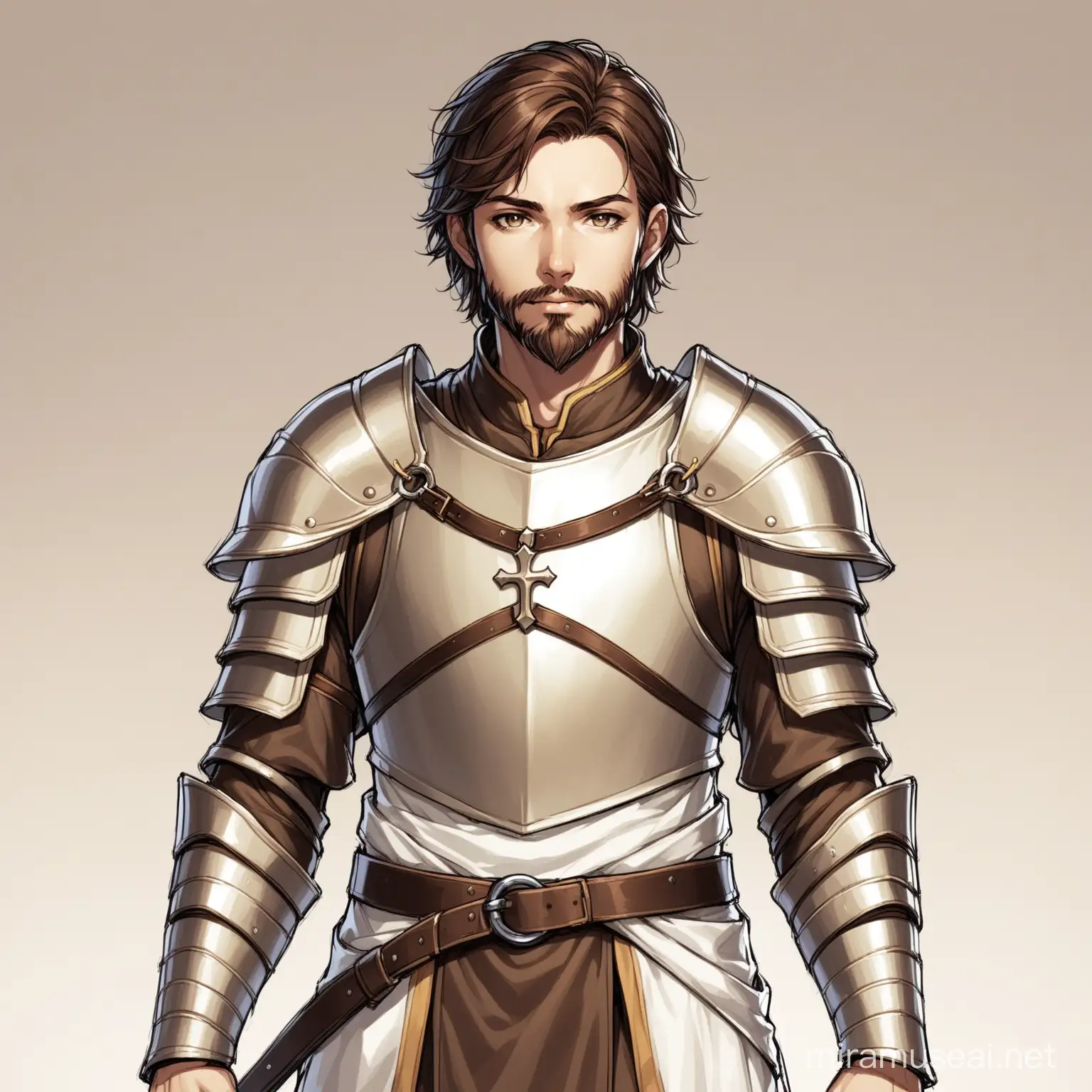 Male human cleric 30 years old, short beard, short brown hair, wearing splint armor.
