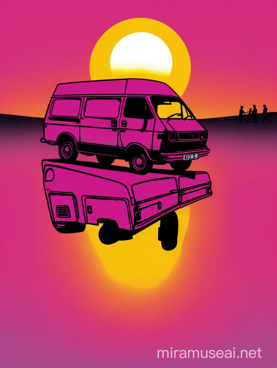 make me an image seen of a sillhoutte of a van with passengers inside with the background of a setting sun that has colours of yellow, magenta , pink