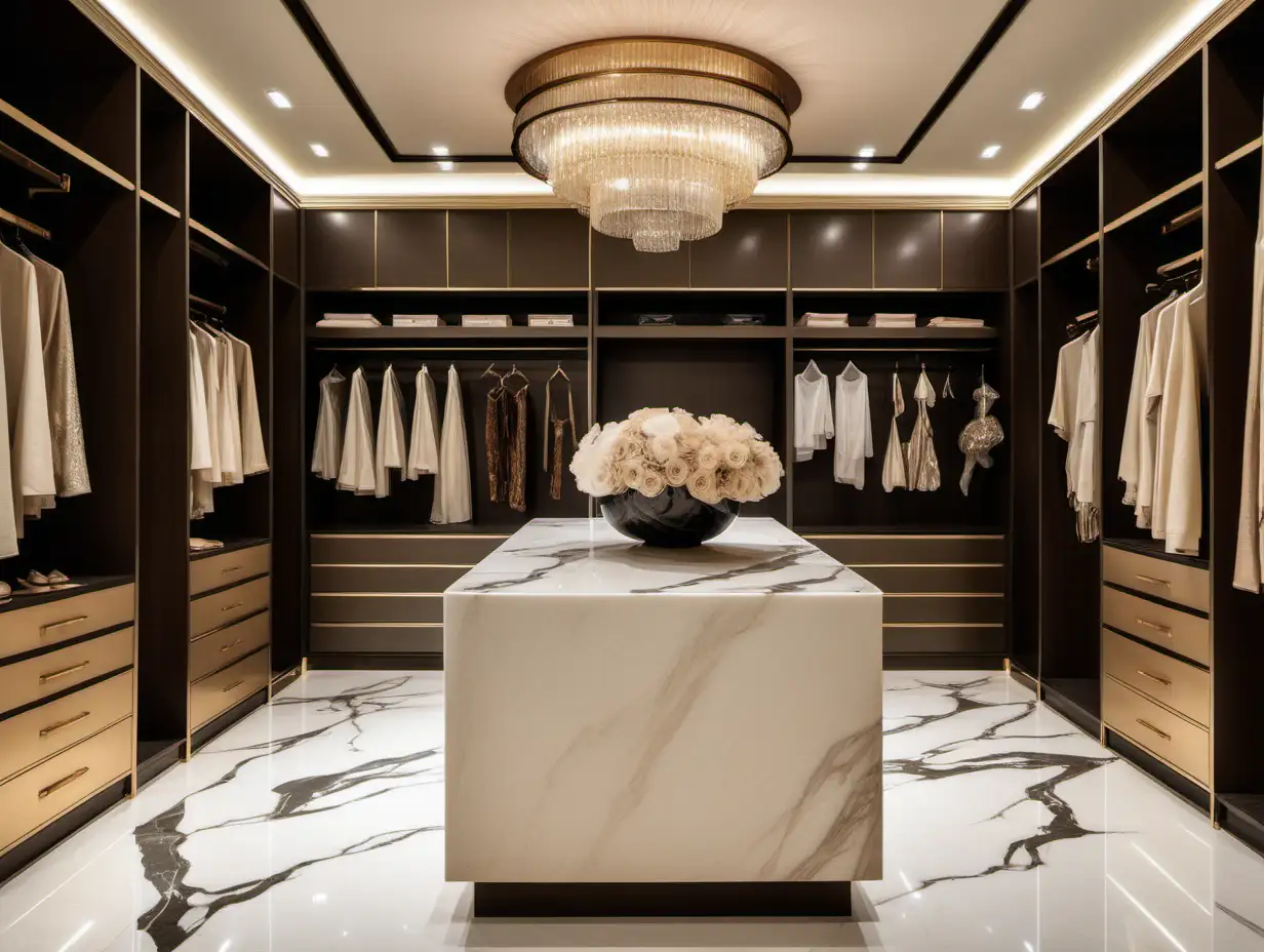 Luxury dressing room with marble island in the middle, beige floor to ceiling wardrobes with bronze accents 