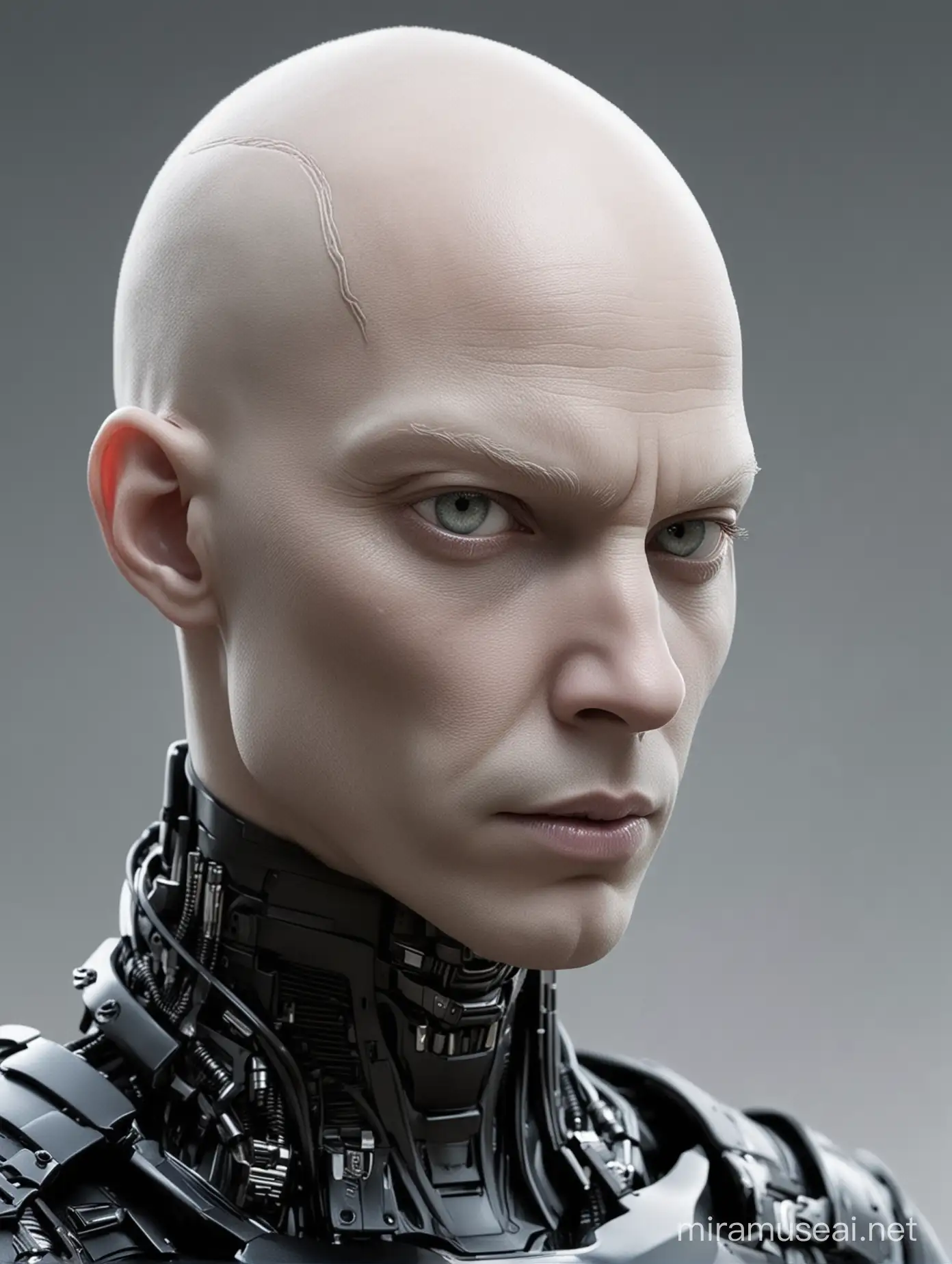 

humanoid male  alien,no hair,no eyebrows,pale white skin,seriouos gaze,black futuristic armor