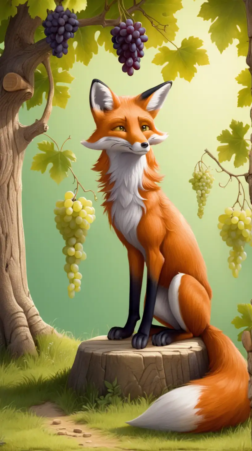 The fox is sitting on the ground.
There is a very tall tree growing next to it and grapes are hanging on it.

The fox is looking at grapes that cannot be eaten because they are too high.