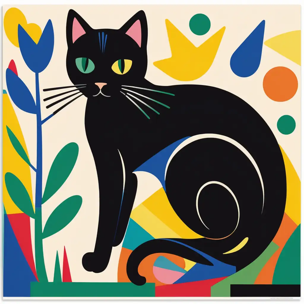 Cat in Matisse style abstract illustration for wall art decoration poster” [1]. It is a colorful, abstract depiction of a black cat. . The cat’s body is made up of several colorful shapes, including green, blue, and yellow. The cat is looking at a flying bird. The background is white.