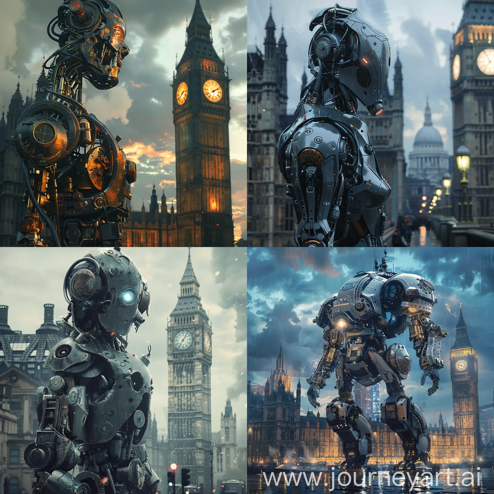 A highly detailed image of a beautiful steampunk robot in futuristic dystopian London. Beautiful magical mysterious fantasy surreal highly detailed