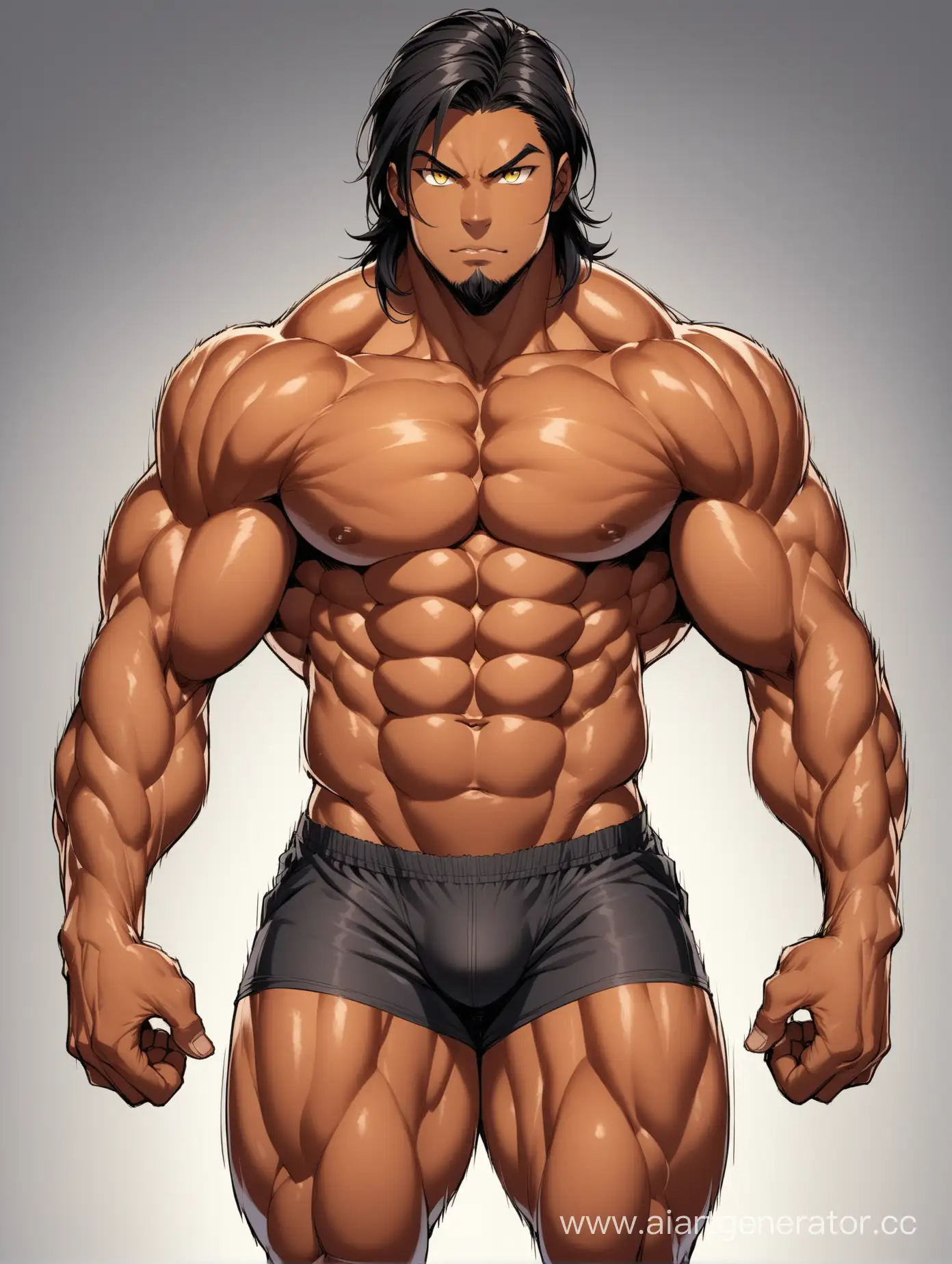 A 30-year-old man with dark skin and medium-length black hair, bright yellow eyes. The physique is very strong, the muscles are prominent and well developed, he has a wide chest and shoulders. He is 180 centimeters (5ft 10.2in) tall and weighs 95 kilograms (209.44Ibs) where 35 kilometers (77.16Ibs) is his muscles (muscle mass).