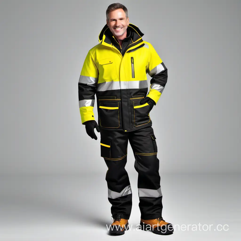 beautiful insulated avia workwear man smile black yellow 8k dramatic light, front view, full-length