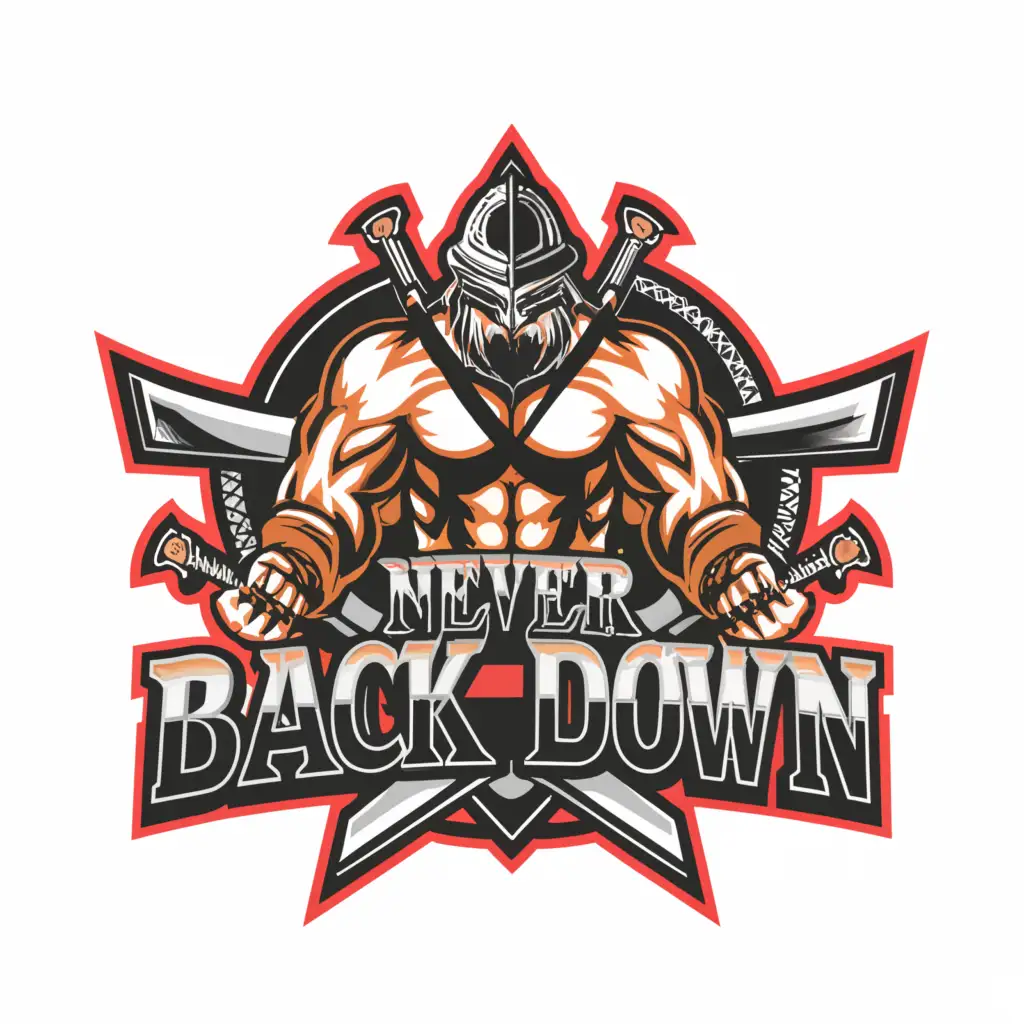 a logo design,with the text 'never back down', main symbol:warrior,Moderate , clear background
