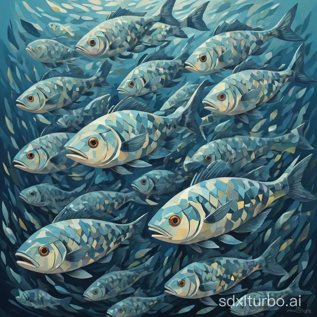 Cubist painting of shoal of fish, Neocubism, in overlapping layered geometry, blue tones palette, art deco painting, Dribbble, geometric fauvism, gestational layered vector art.