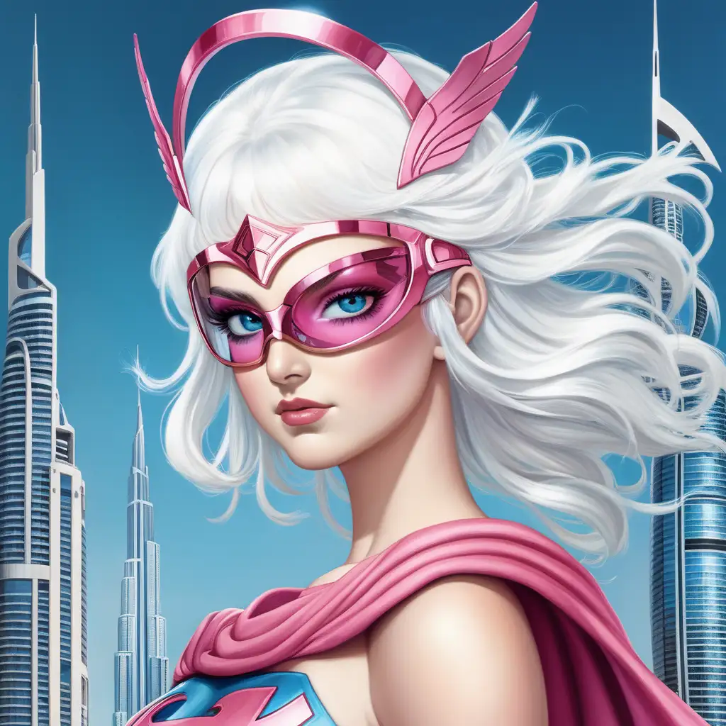логотип богиня Афина в облике супергероя  в городе Дубай, белые волосы, нежные черты лица baby face, выразительные большие голубые глаза, в розовых оттенках
