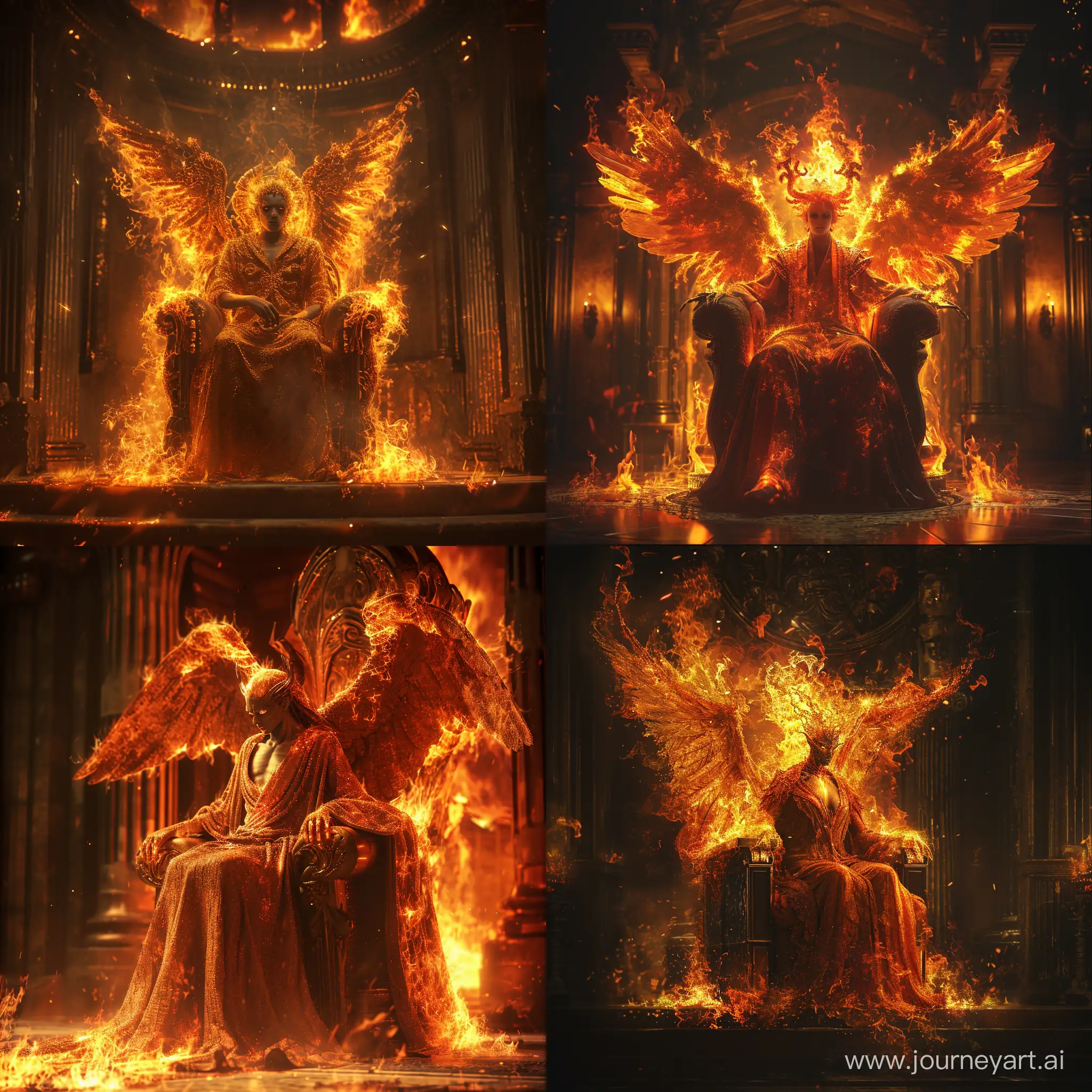 beautiful devil made of fire,winged,in dark luxurious palace on fire,sitting on a throne,wearing a robe,Detailed clothing.incredible detail,dark light,terrifying,Digital Art.
