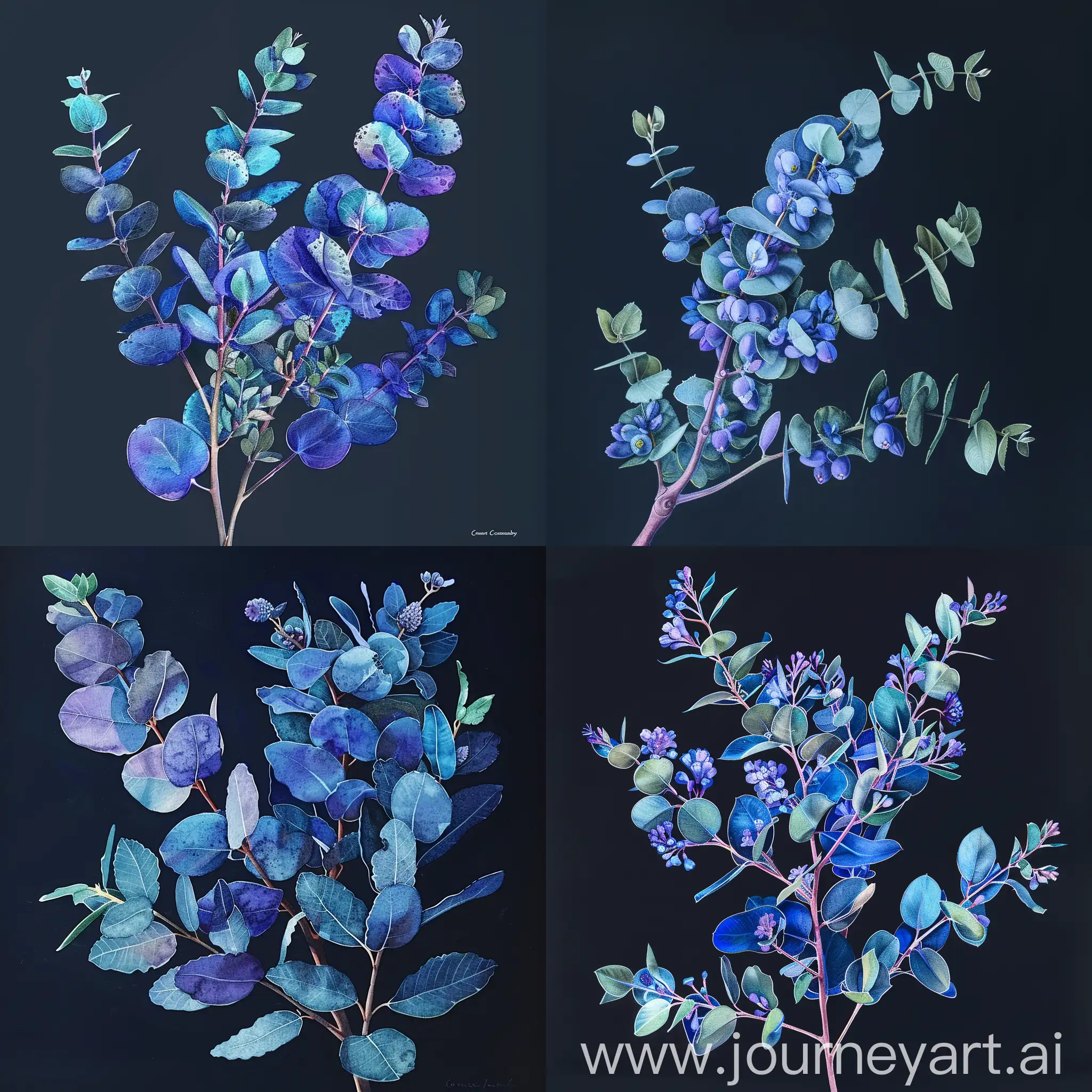 Vintage-Gouache-Botanical-Illustration-of-Eucalyptus-in-Blue-Tones