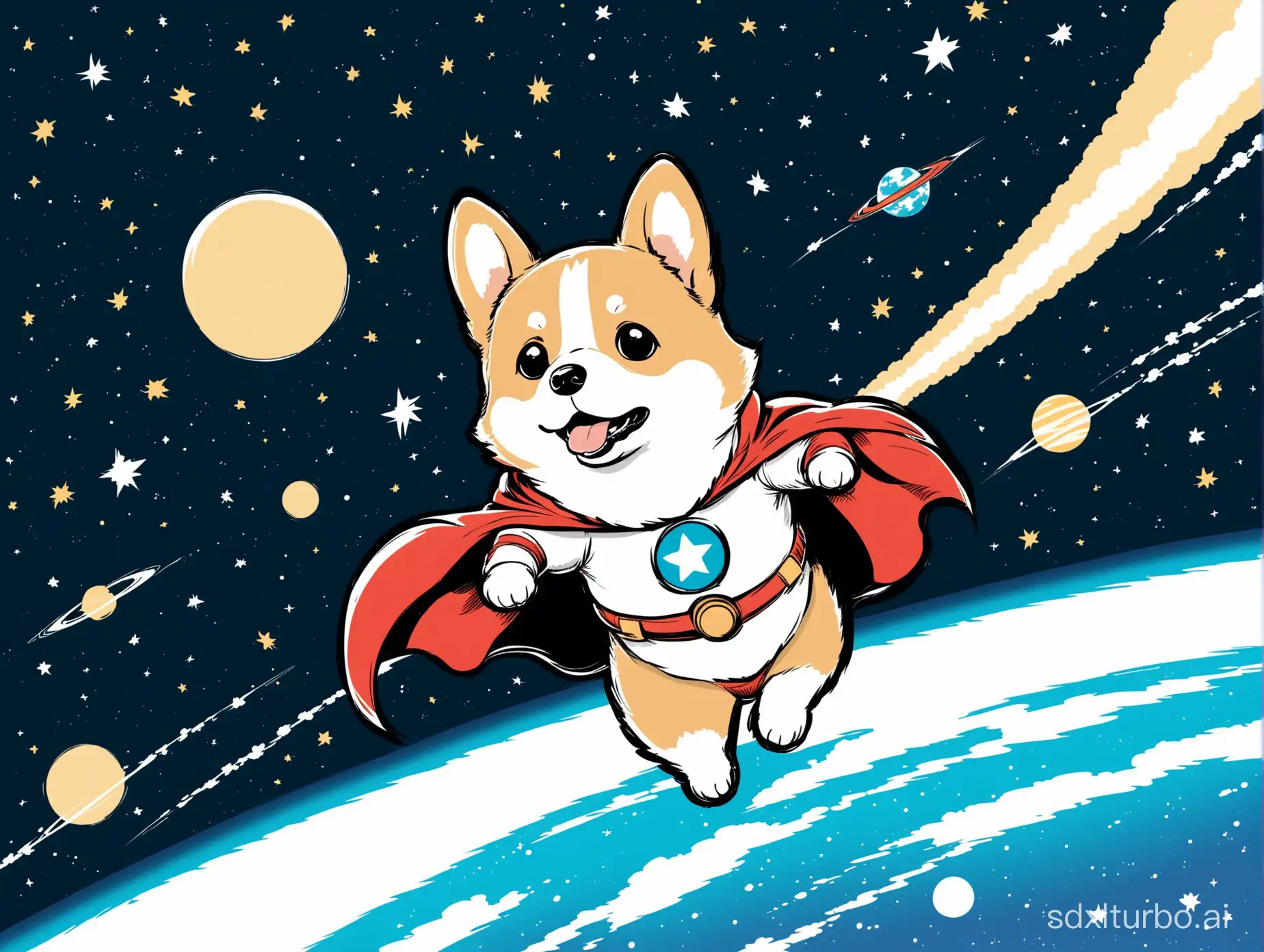 一个柯基超人，在太空巡查守护宇宙安全。极简主义日本漫画风格，简笔画风格。