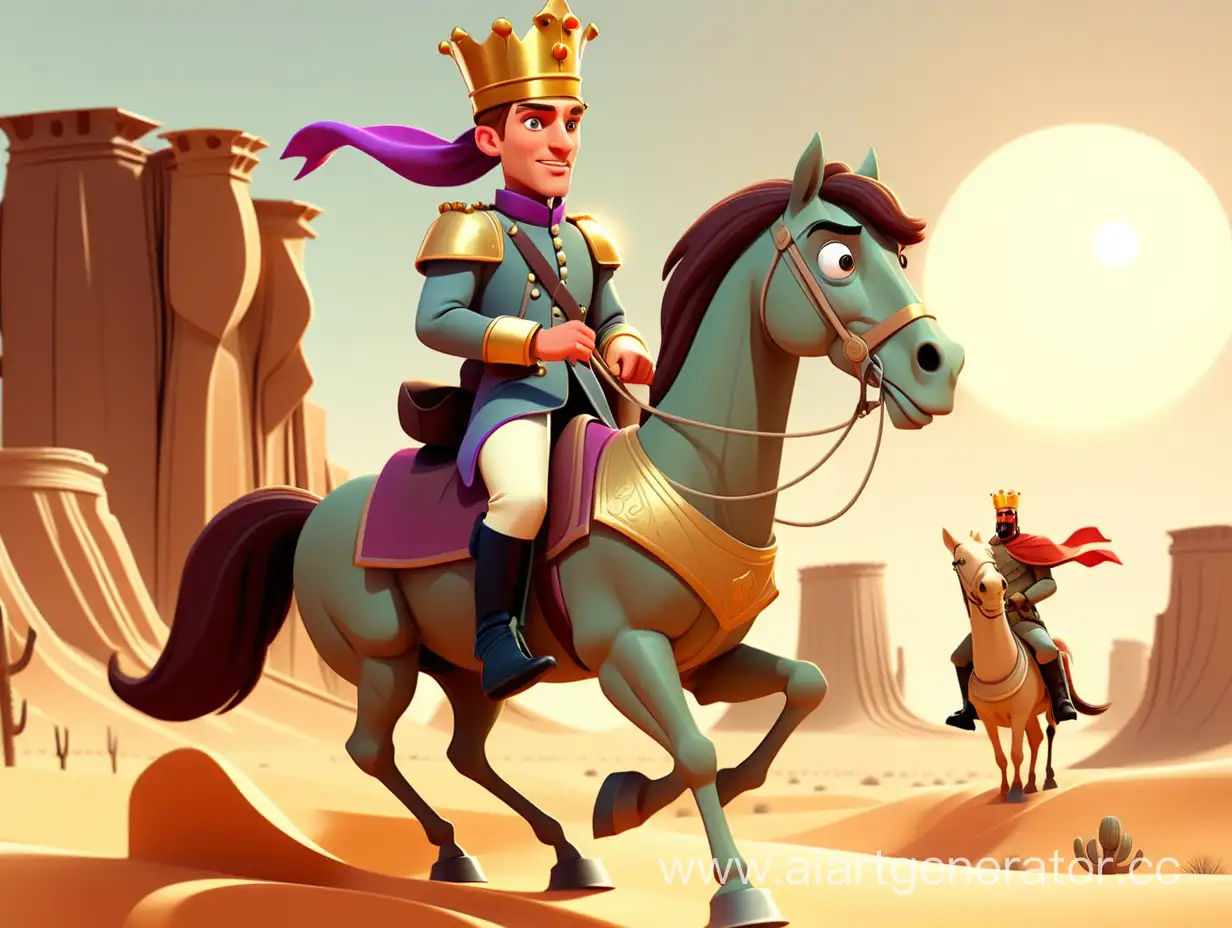 Cartoon-Style-8K-Illustration-of-a-Prince-and-Soldier-Riding-on-a-Horse-in-the-Desert