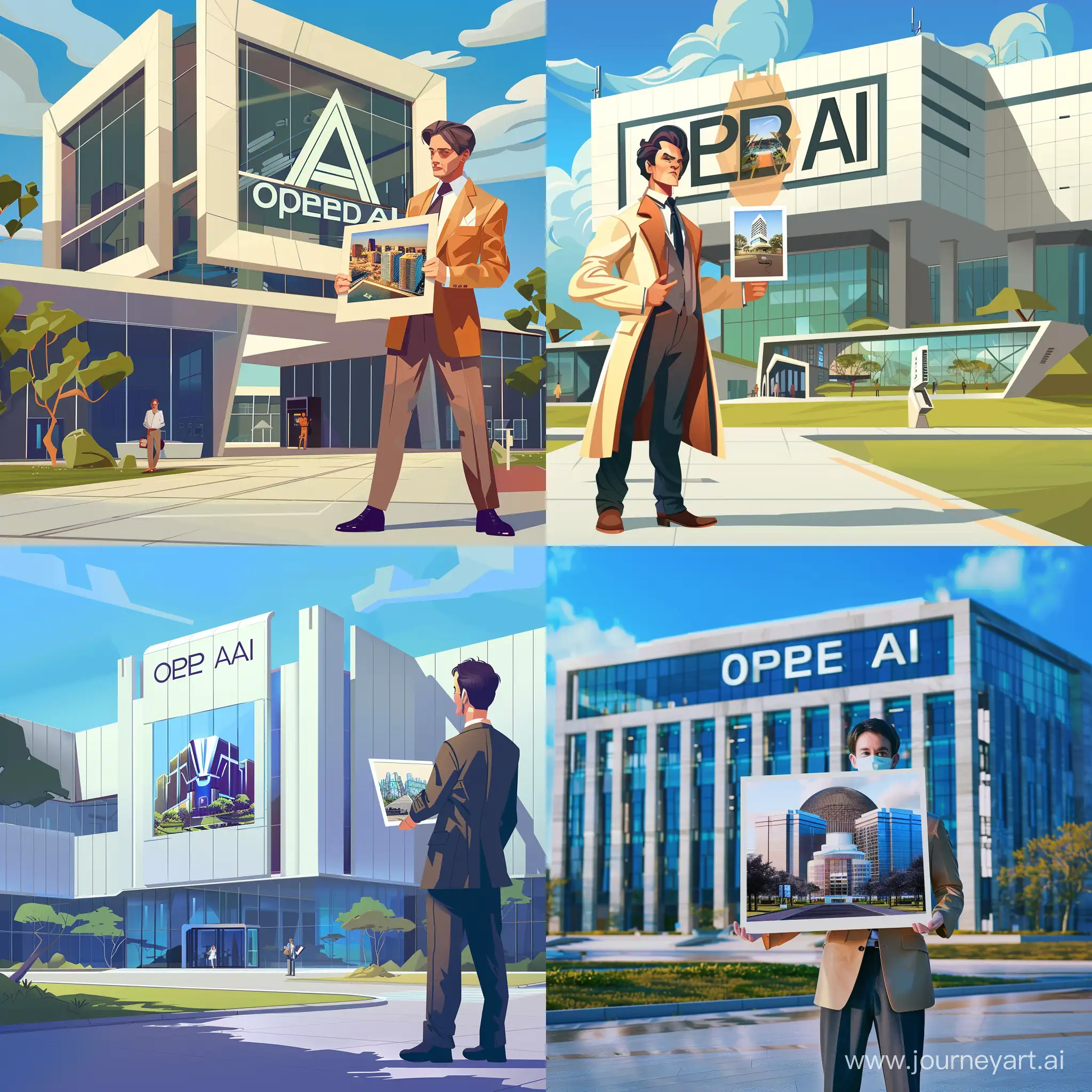 Exterior of a clean, futuristic business park owned by OpenAI. On the building, there is a large OpenAI logo. Realistic. In front of it is a well-dressed, stylish entrepreneur. He is holding a sign with a picture of the business park on it.