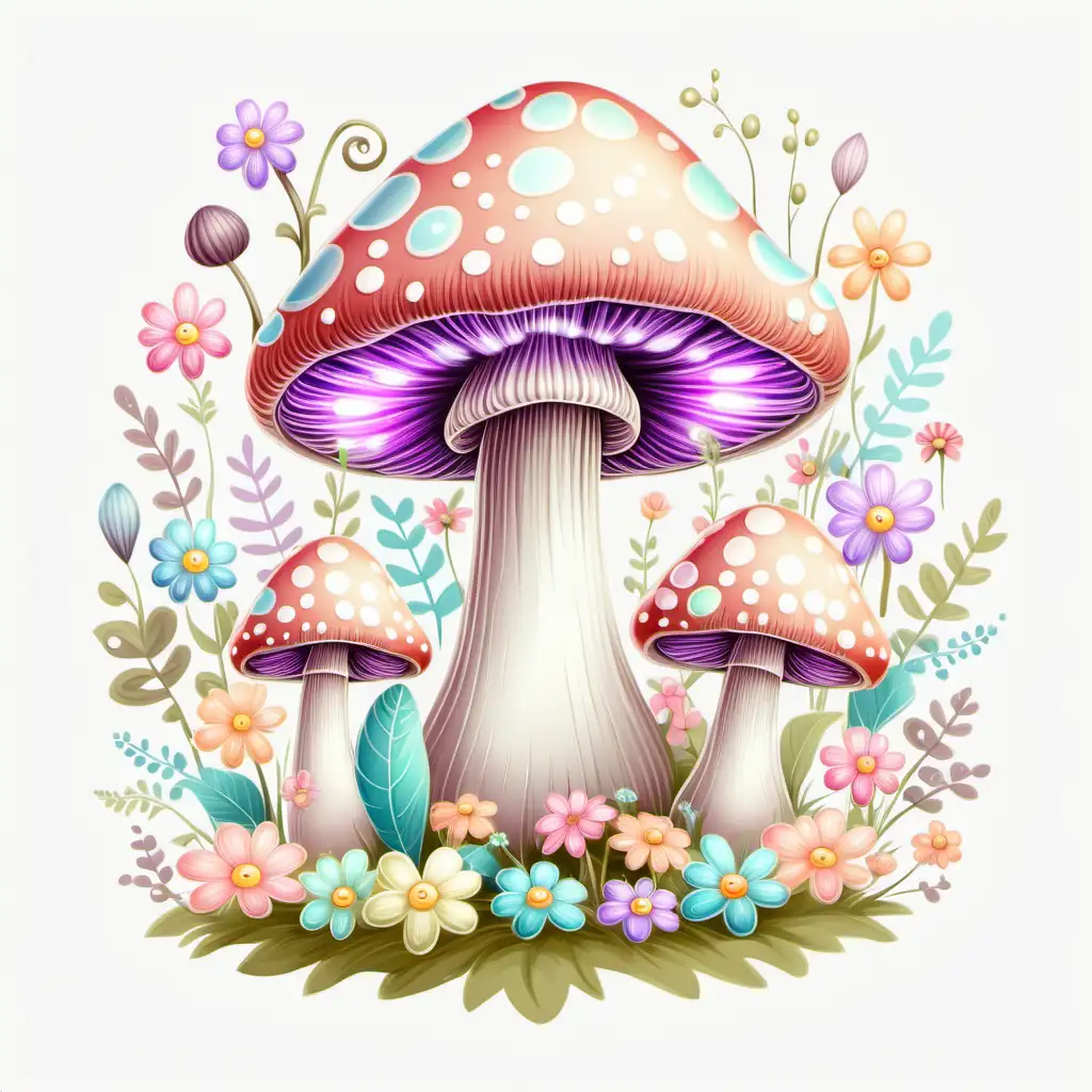 whimsical, easter magic mushroom, pastel colors, white background, cartoon, spring flowers