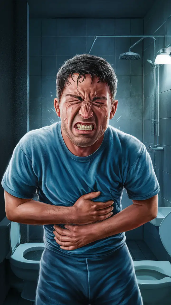 A man holding his belly in agony because he needs to use the bathroom. Constipation