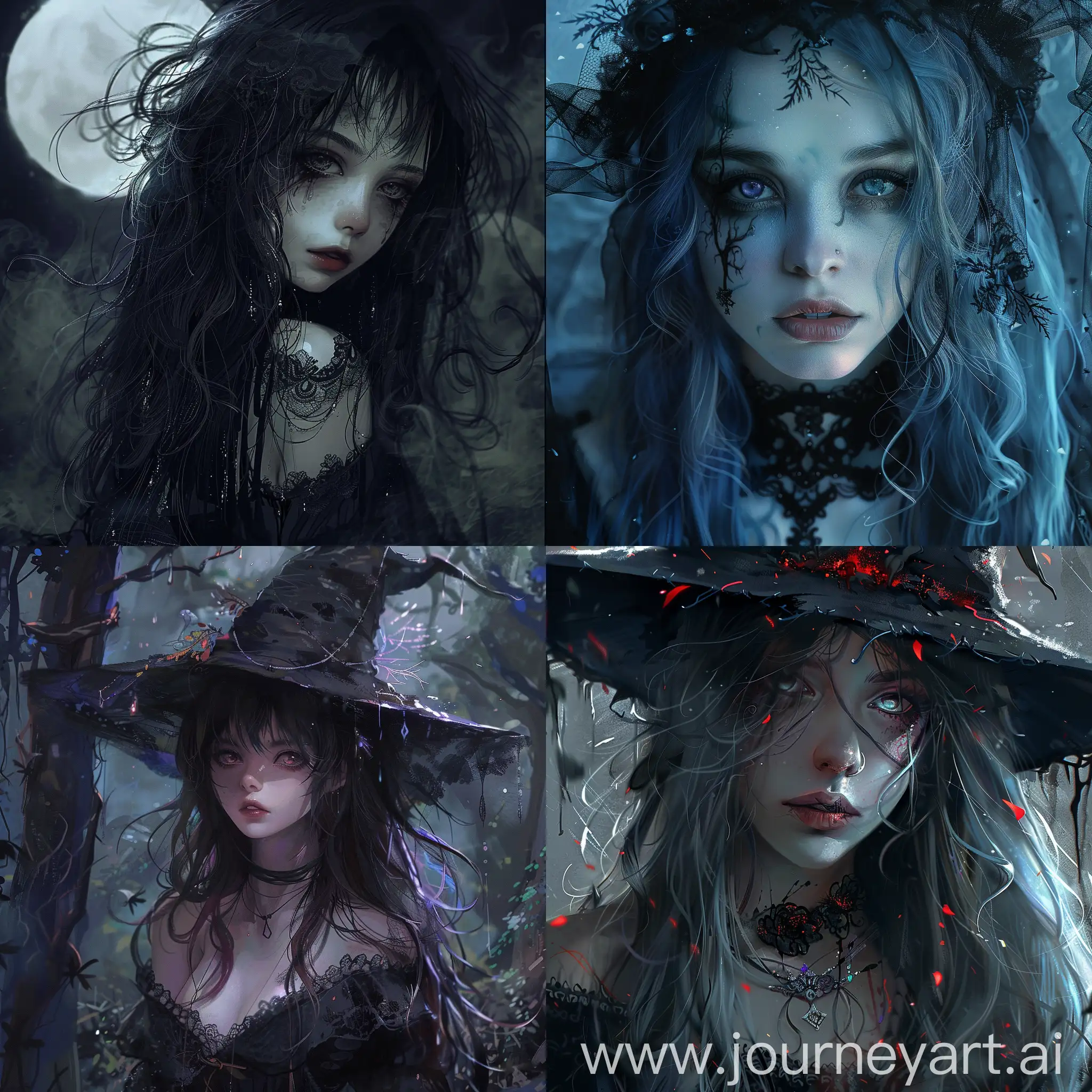 Dark fantasy, gothic horror, anime style, witch