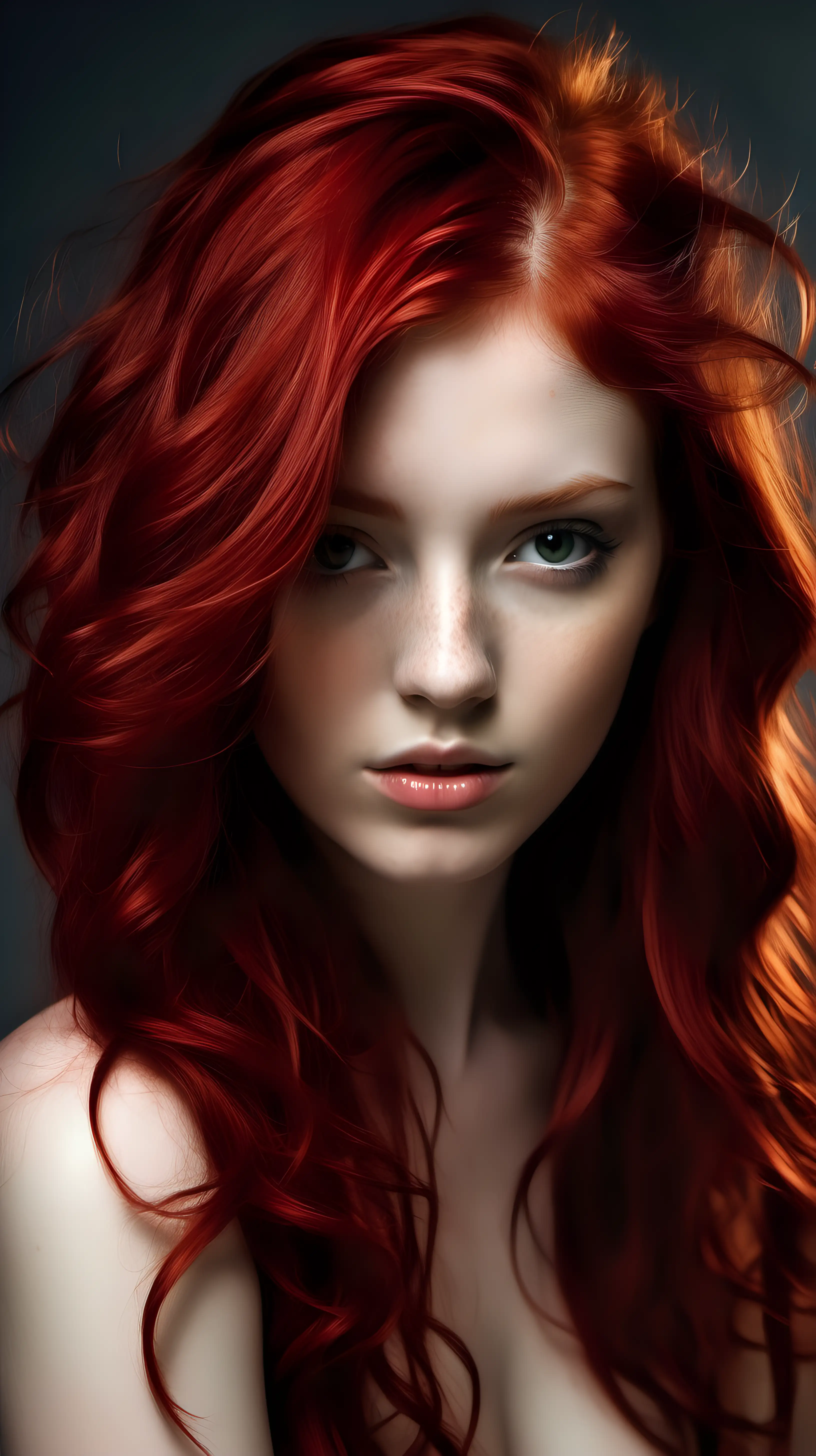 create an artistic act of the same beautiful young woman with her red hair loose
