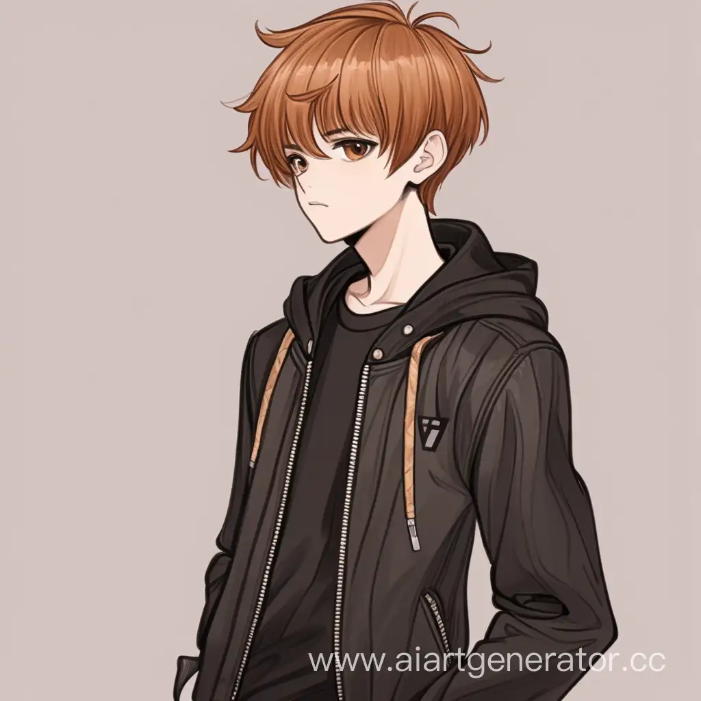 нарисуй подростка мальчика со стрижкой "шторы" русый цвет волос в черной куртке по пояс